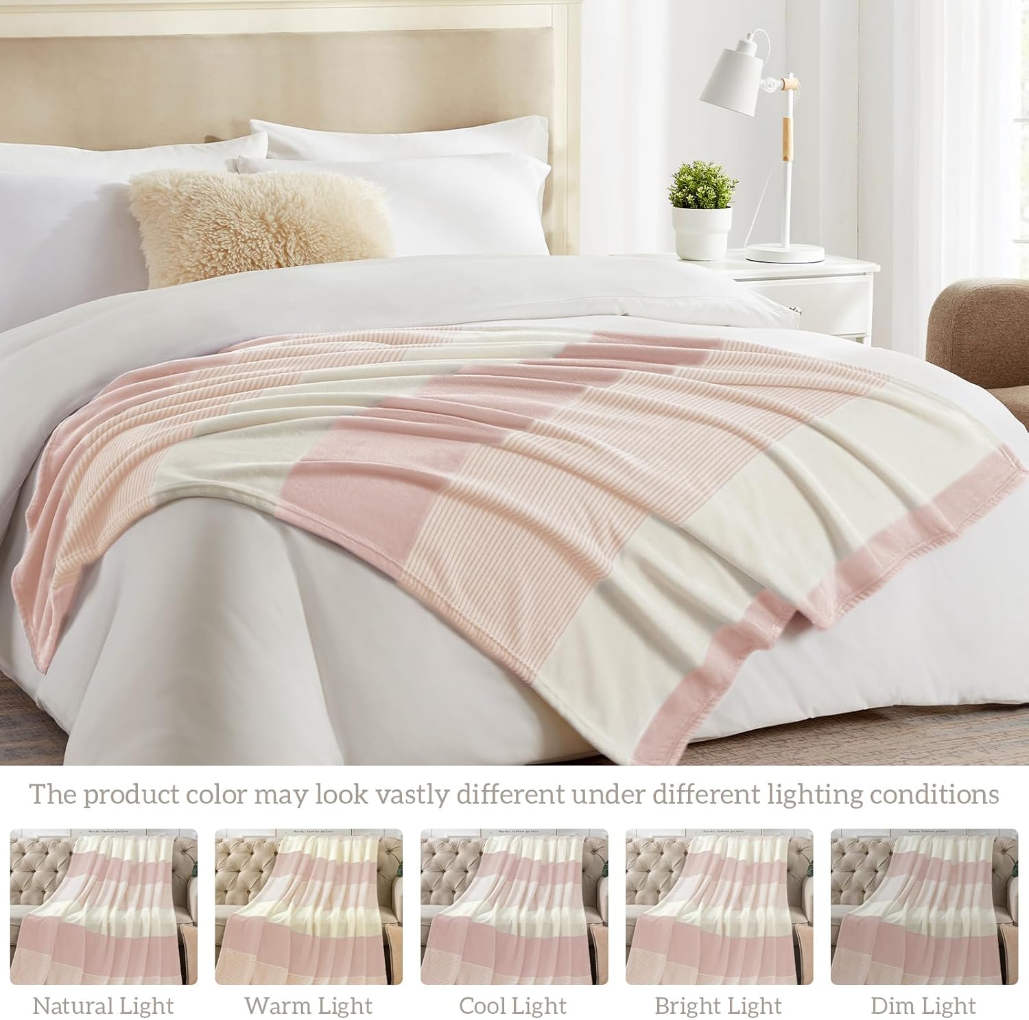 Homelike Moment Fleece Throw Blanket for Couch, Pink Soft Fluffy Blankets Throws, Fuzzy Cozy Plush Flannel Blanket for Sofa, Comfy Warm Lightweight Bed Blanket Striped (Pink, 50x60IN) - Image 5