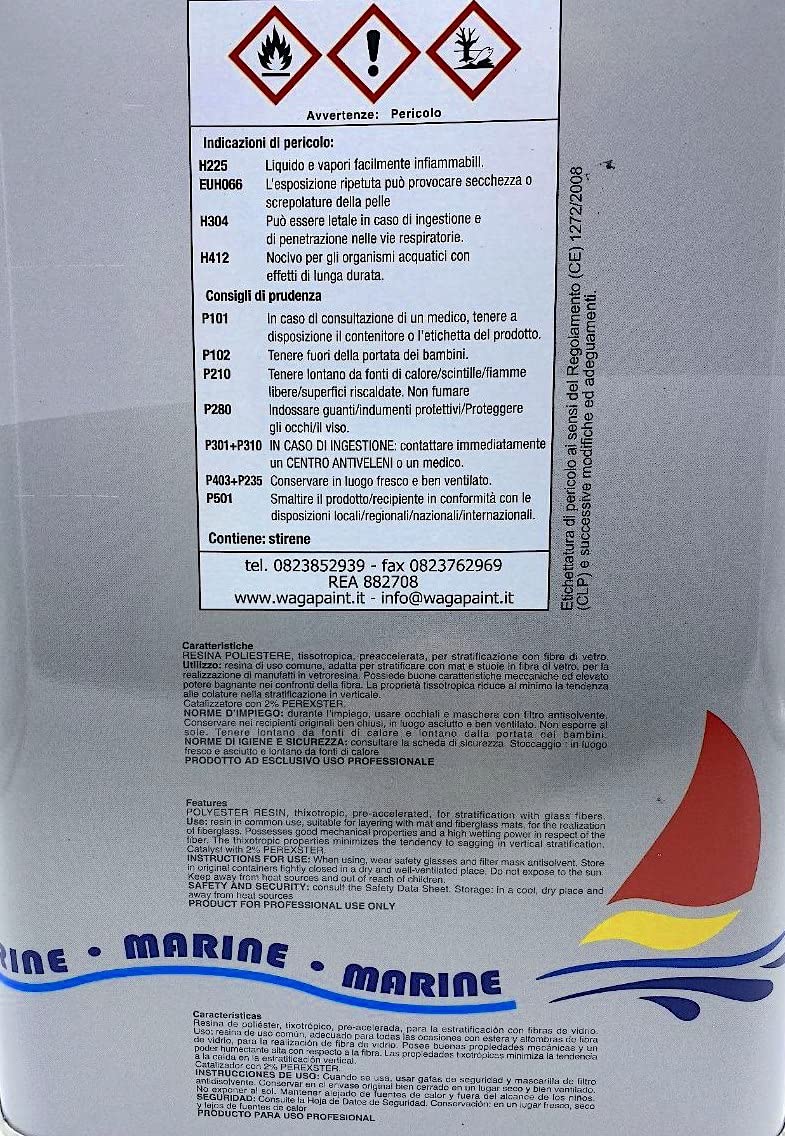 Kit Completo Vetrokit Riparazione Resina Vetroresina Poliestere 5KG + Fibra di Vetro 6,25MQ e Accessori - Riparazioni Nautiche, Carrozzeria Auto, Moto, Camper - Waga Paint Tecniques