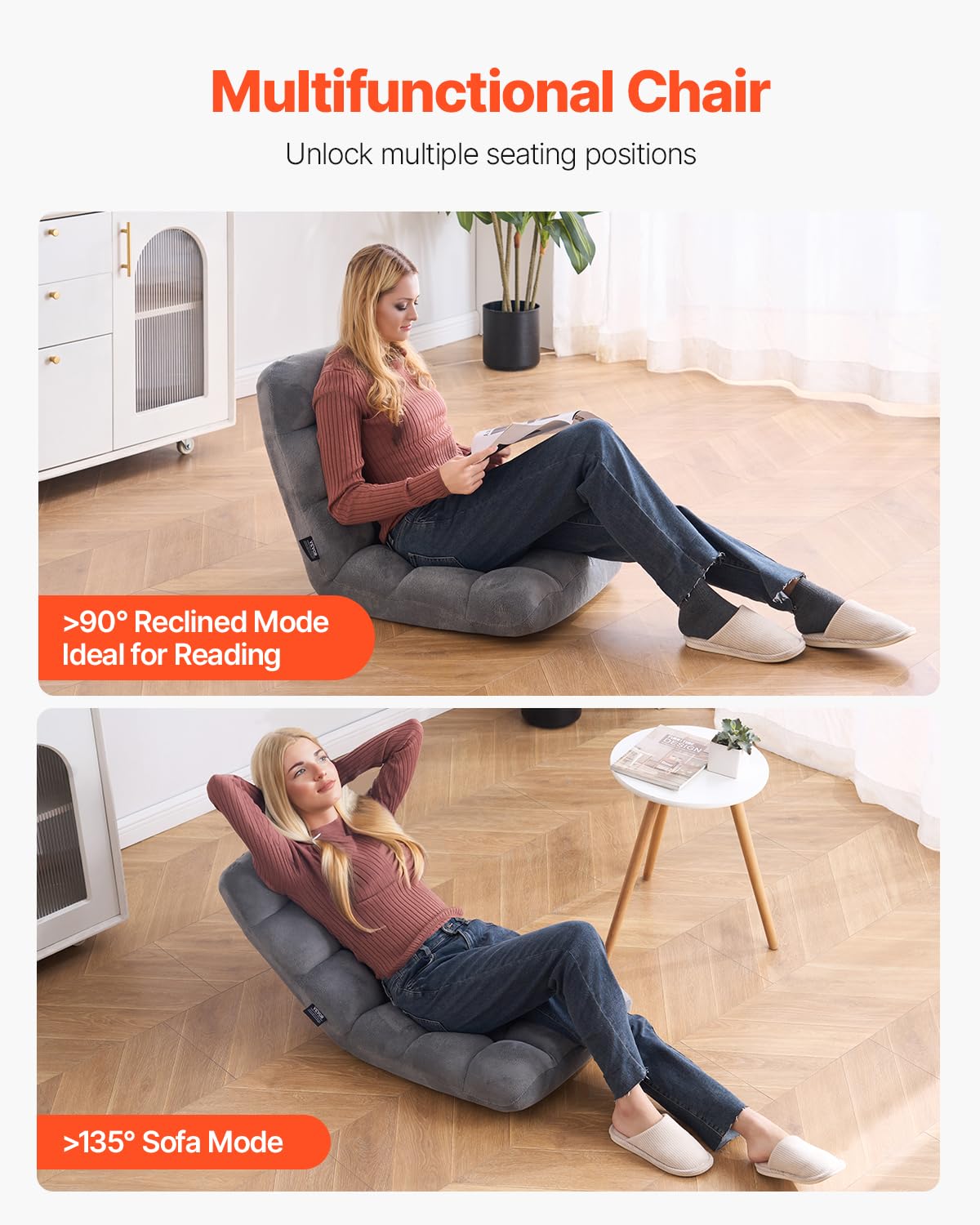 VEVOR Bodenstuhl Klappsofa aus Recyclingschaum mit 14 einstellbaren Positionen, multifunktionaler Bodentuhl mit Rückenlehne, ideal zum Schlafen & Lesen, Boden-Gamingstuhl für Kinder, grau