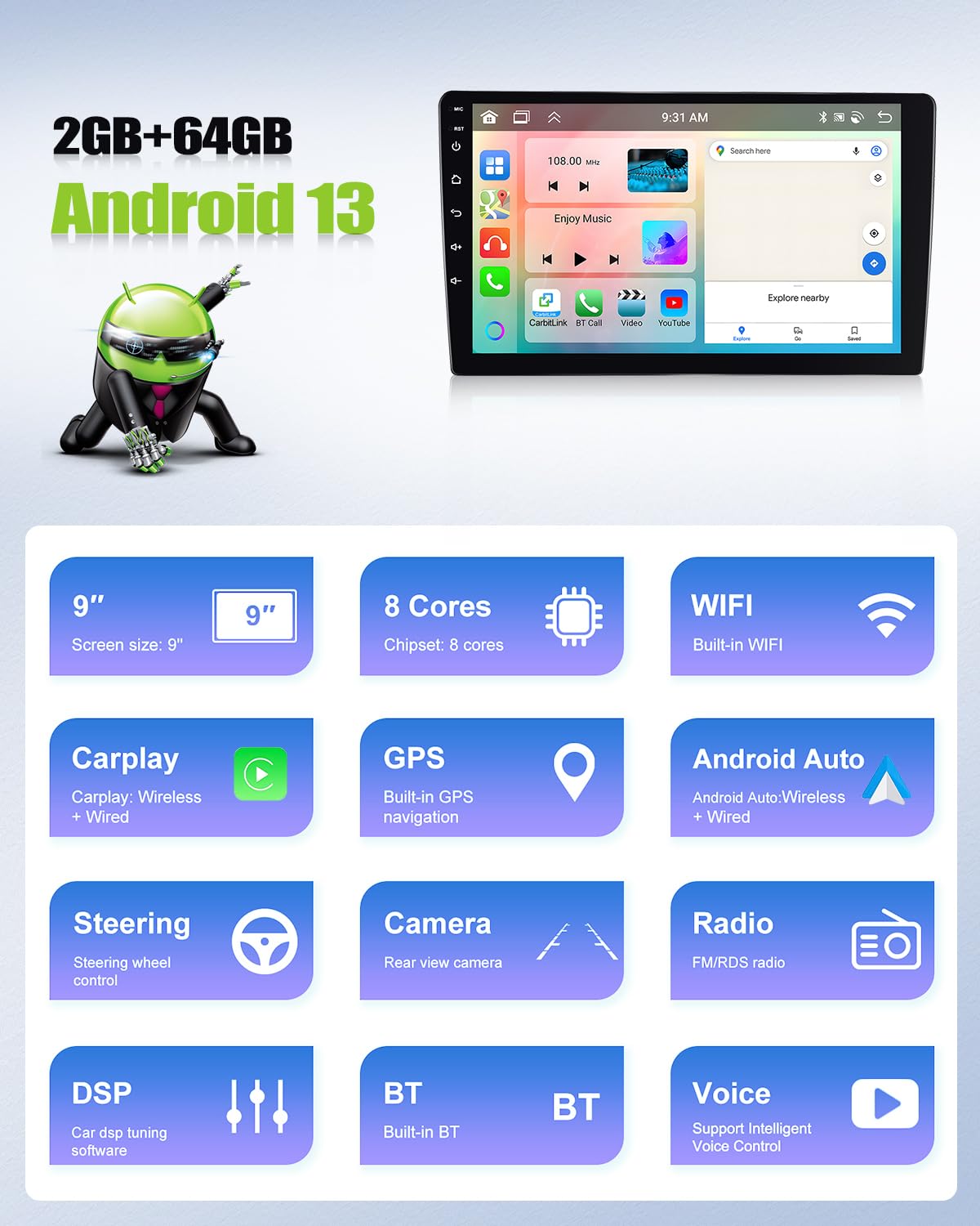 CAMECHO Upgrade 2+64G pour VW Polo 6R 6C 2008-2016 Autoradio, Carplay Android 15 Navi Écran Tactile 9" Wireless Car Play Android Auto/Bluetooth/Mirror Link/GPS/WiFi/Caméra de recul