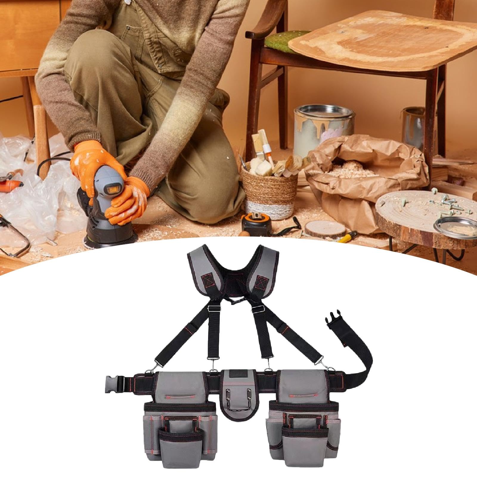 Ceinture Porte-outils avec Bretelles et Multiples Poches. Coffret Cadeau pour Papa. Sacoche Porte-outils Professionnelle à Porter à La Taille, Gris