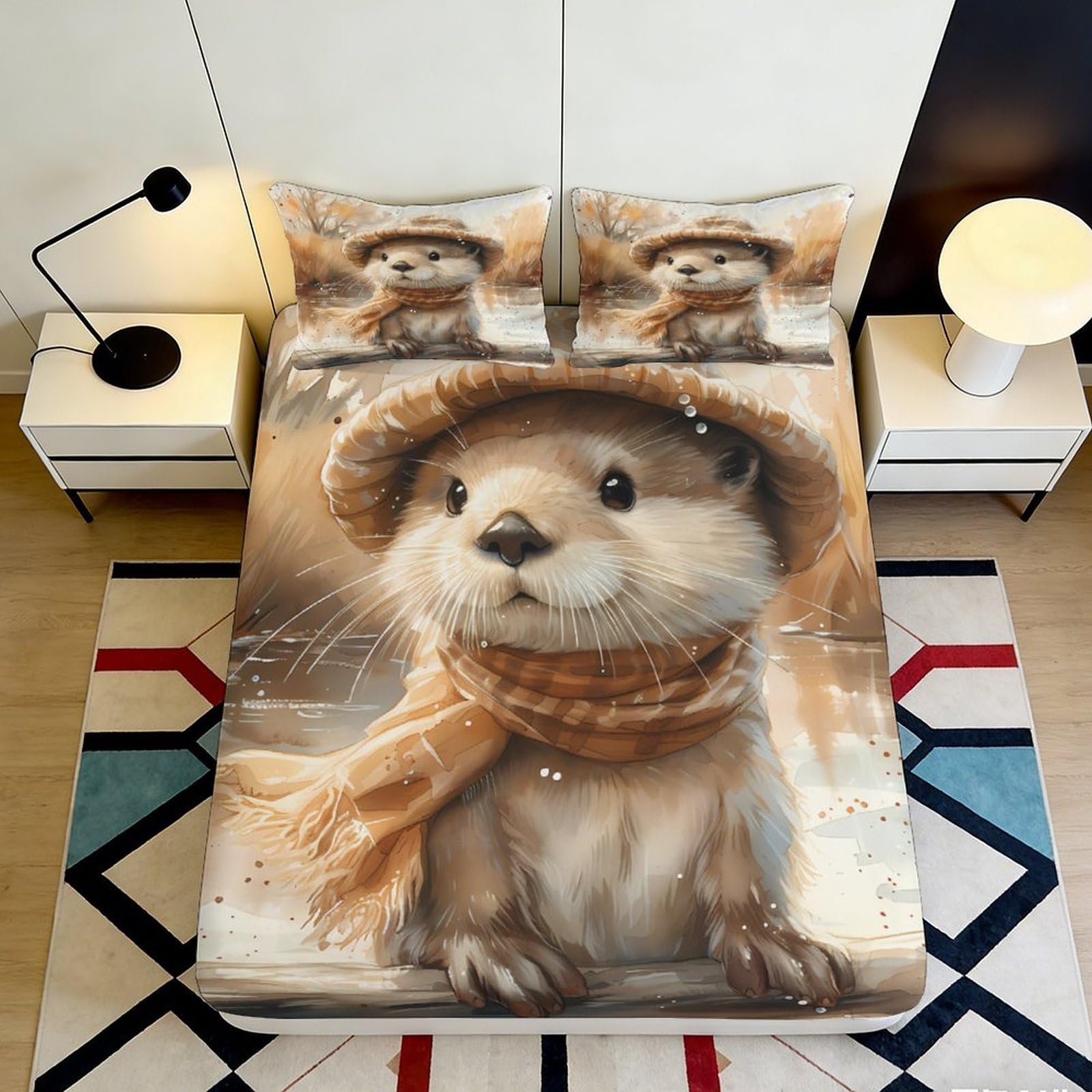 3D Printed Otter Design Fitted Sheet Microfiber Deep Pocket Non-Slip Otter Mattress Fitted Cover Soft Bedroom Bedding 200x200x25cm 90x200x25cm