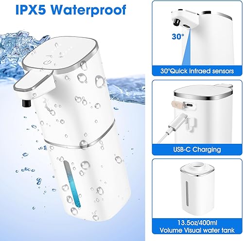 Miniatura 4 de Paquete de 2 dispensadores automáticos de jabón espumoso, dispensador de jabón sin contacto, dispensador inteligente recargable de 13.5 onzas