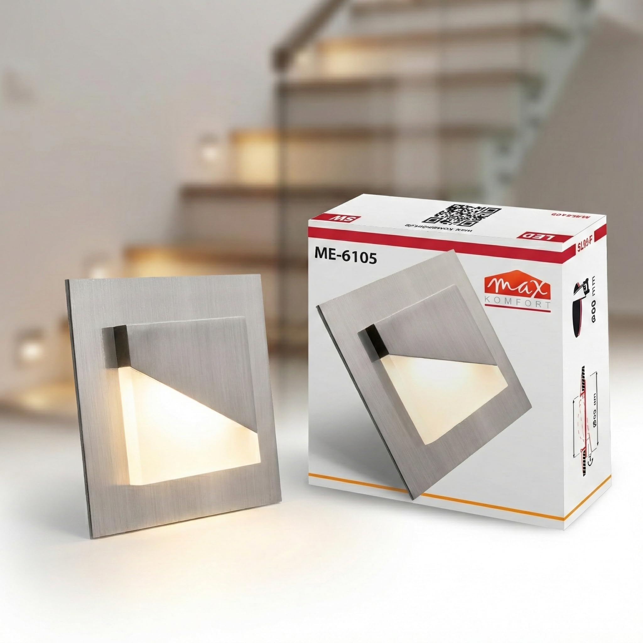 Maxkomfort LED Treppenbeleuchtung 230V Warmweiß 1,5W Eckig Eisen-Gebürstet Treppenleuchte Wand Einbauleuchte Treppenlicht Flurleuchte Nachtlicht 80x80mm 6105