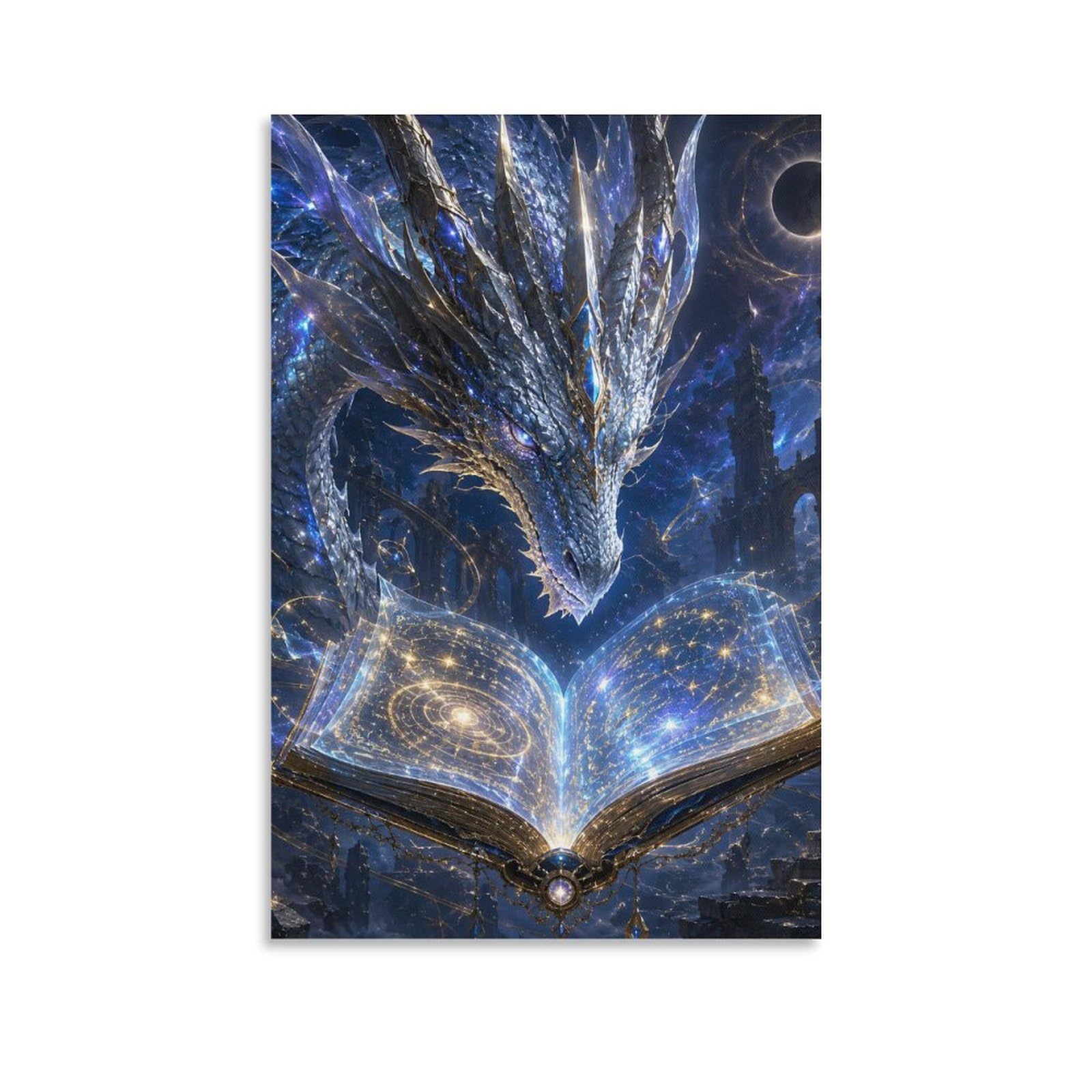 W7C8U2X3 Cosmic Dragon Magic Book Canvas Wall Art, Mythical Dragon Wall Art
