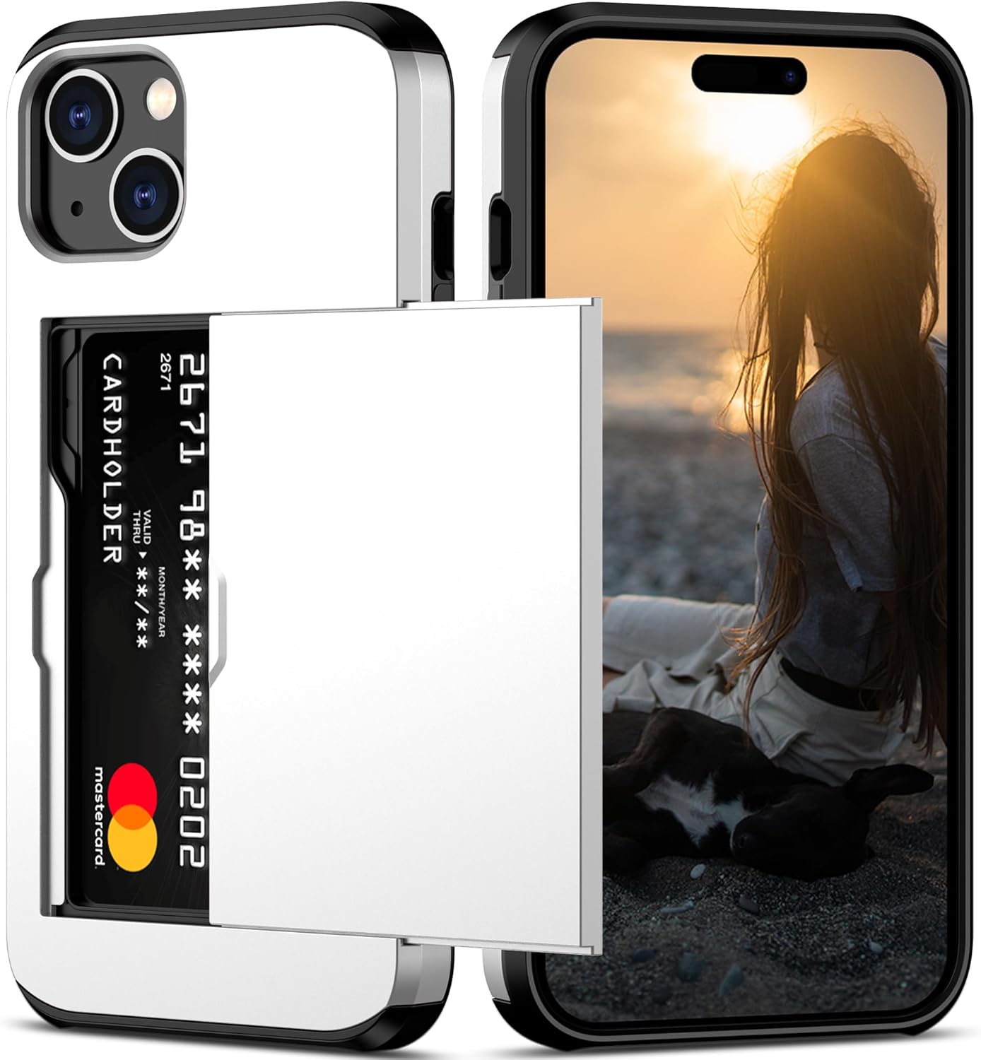 Nvollnoe Compatible with iPhone 15 Case with Card Holder Heavy Duty Protective Dual Layer Shockproof Hidden Card Slot Slim Wallet Phone Cover for Women&Men 6.1 inch(White)