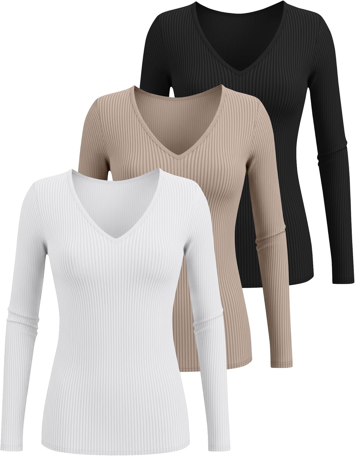Ficerd 3 Pack Women's Long Sleeve T Shirts Cotton V Neck Slim Fit Tops Ribbed Knit Layering Casual Basic Tees Fall - Image 4