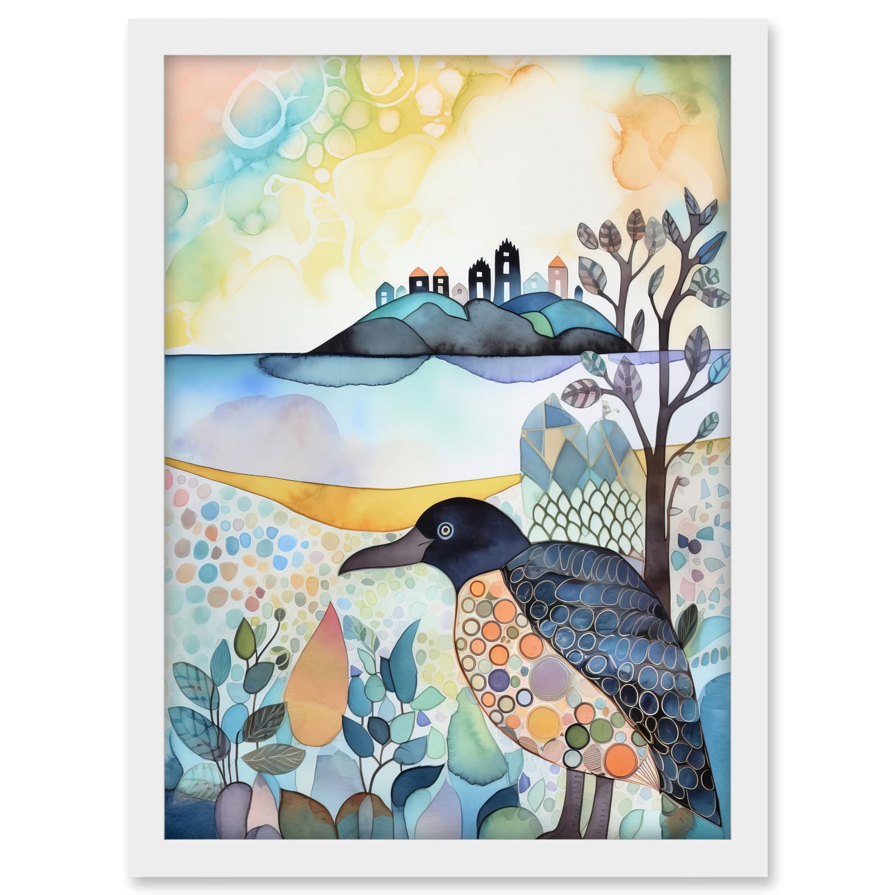 Artery8 Coastal Island Wildlife Folk Art Watercolour Painting Artwork Framed A3 Wall Art Print