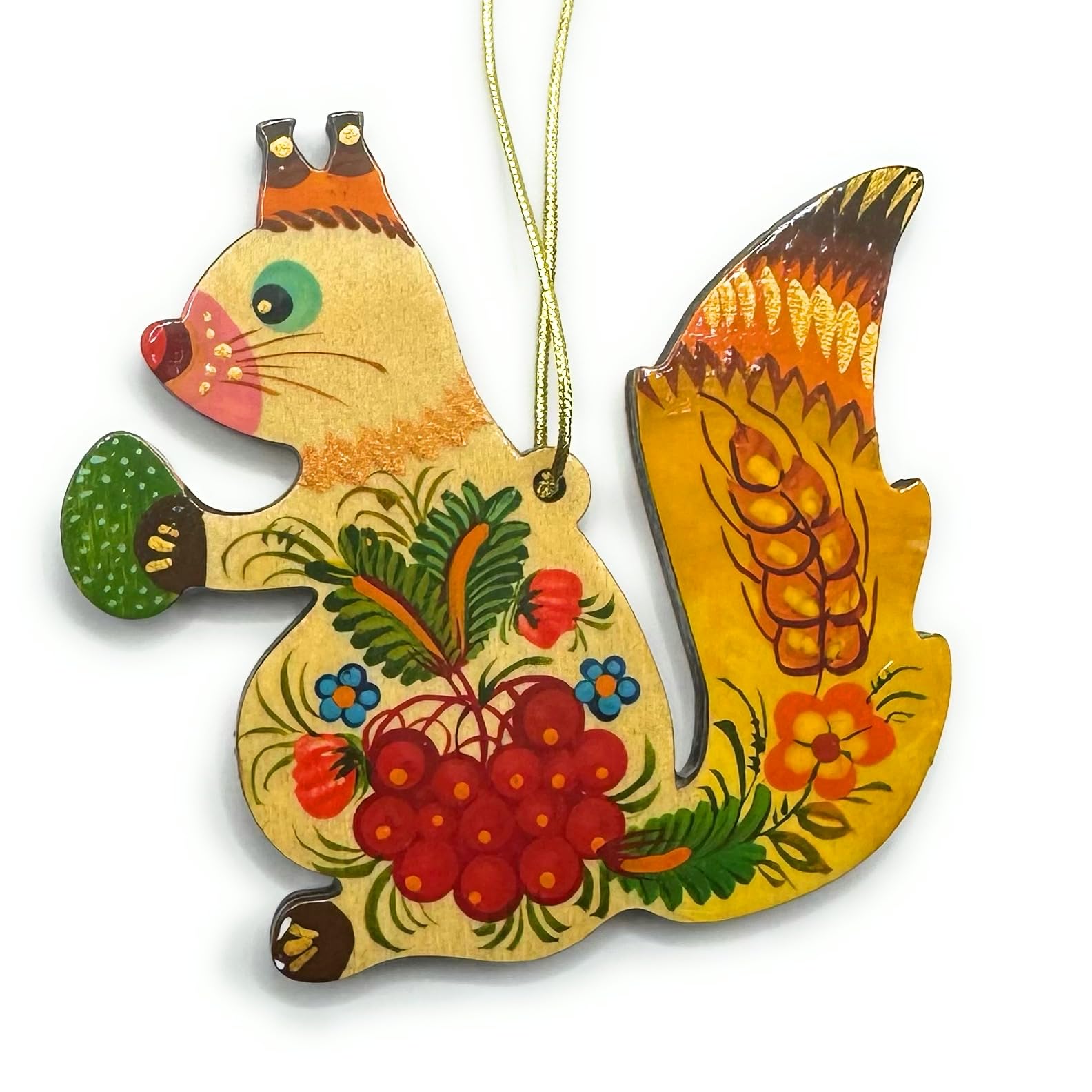 Wooden Squirrel Hanging Christmas Ornament - Hand-Painted in Ukraine 3.7 х 3.5 х 0.2 inch. Flat Colorful Children's Tree Forest Animal Ornaments — image 1