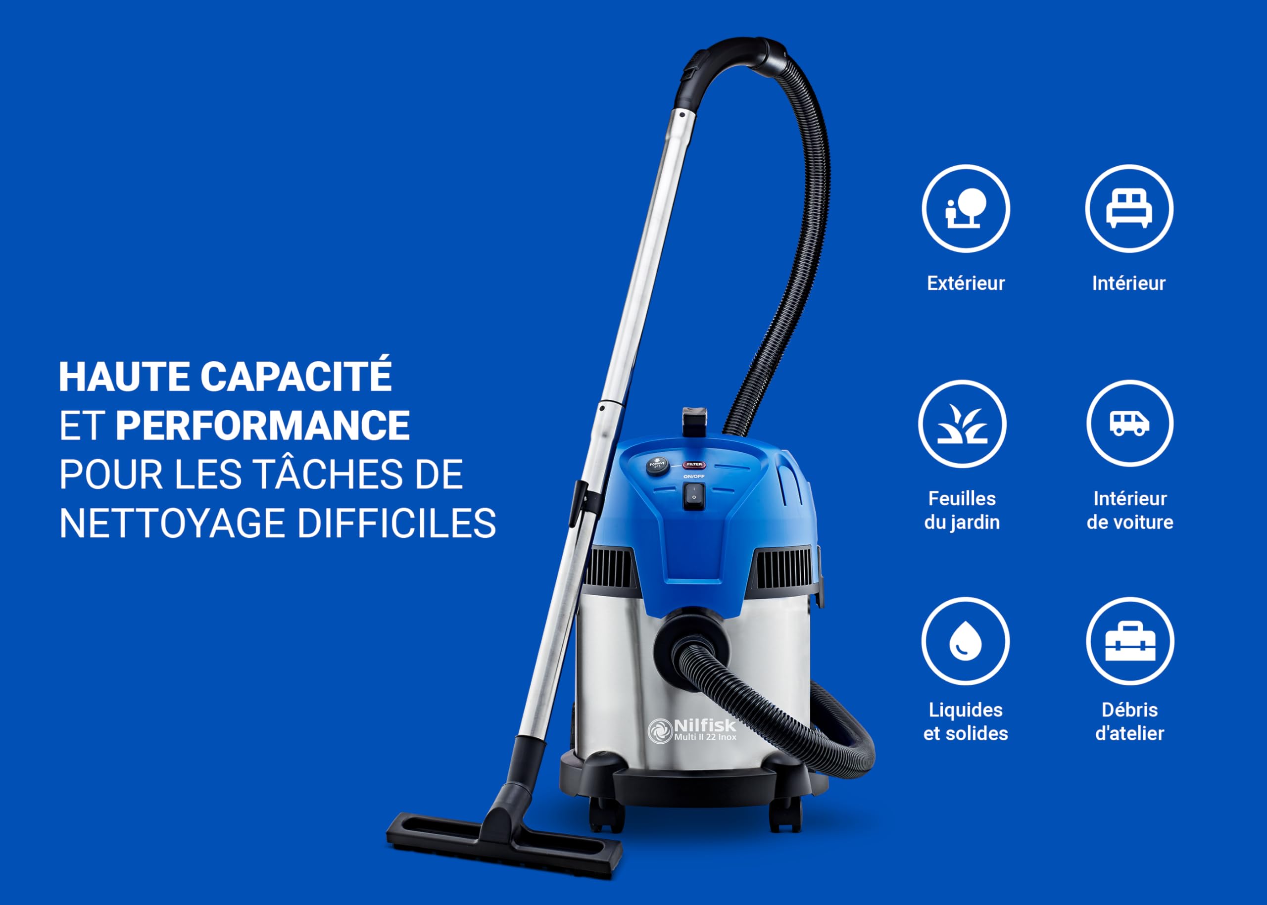 Nilfisk Multi II 22L INOX Aspirateur Eau et Poussière pour la Maison, Jardin et Voiture (1200 W)