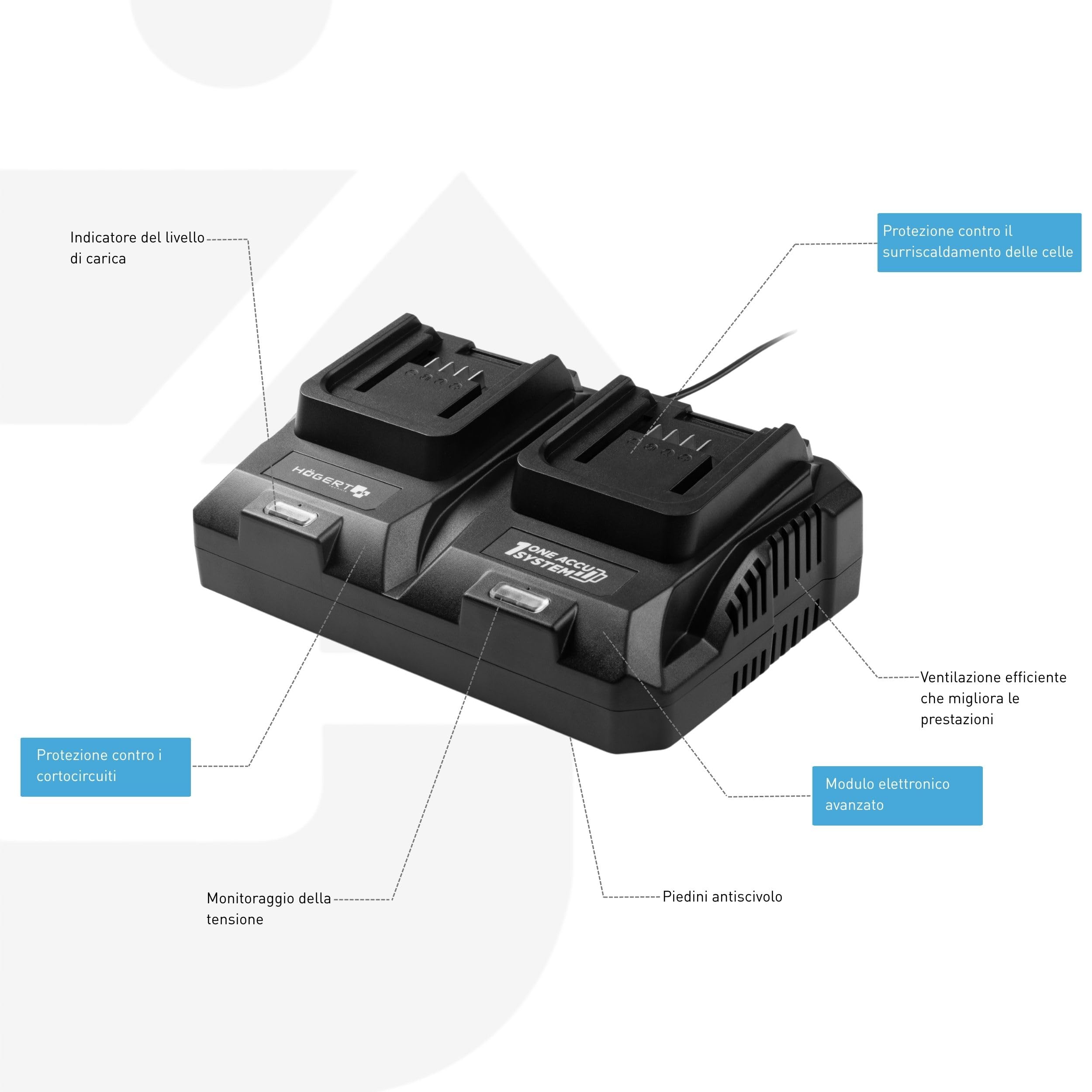 HÖGERT Technik - Doppio caricatore a batteria da 18 V Duo 8 A per utensili elettrici, caricatore rapido con due porte di ricarica, elettronica intelligente, indicatore LED e ventola attiva