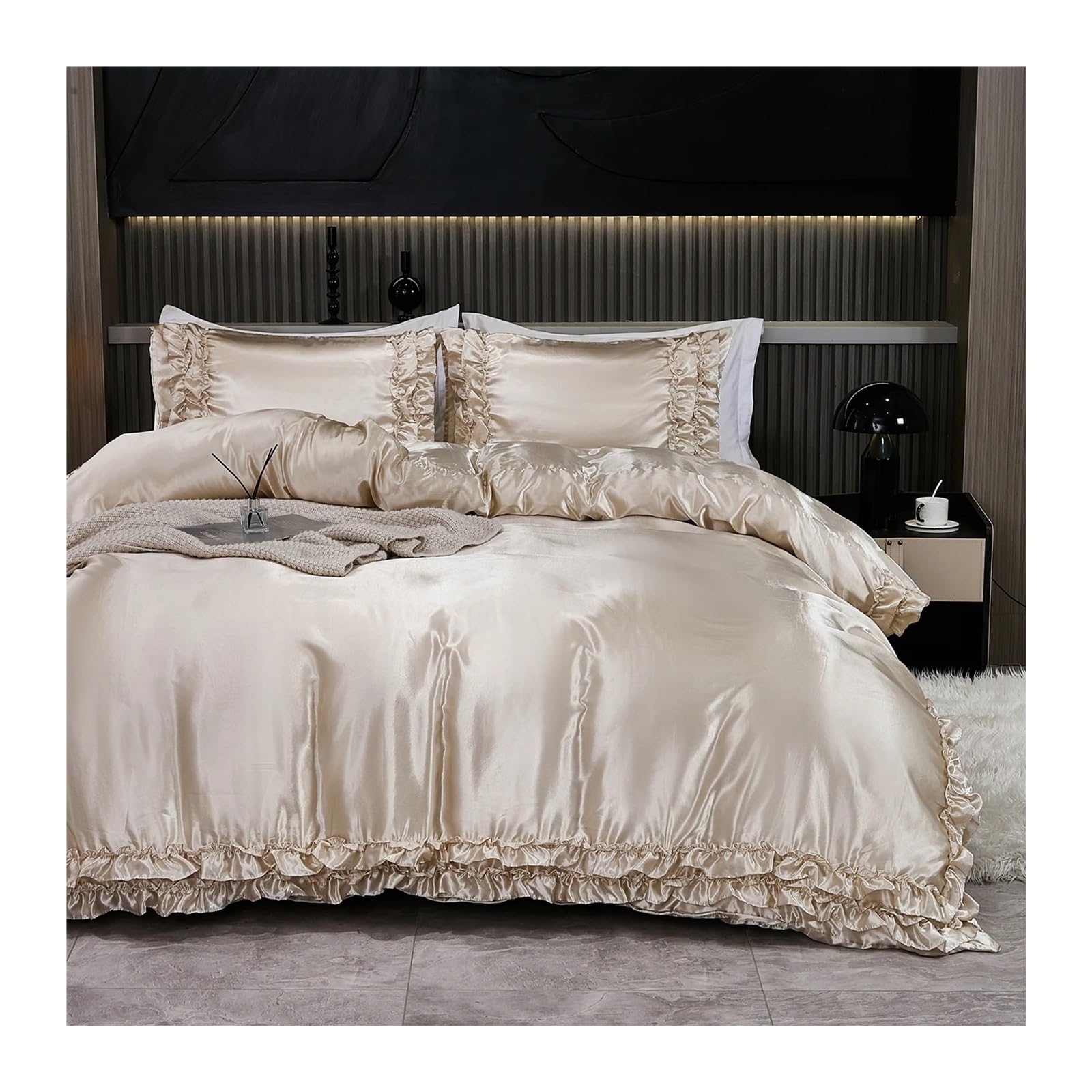 ZHSOAO 3PCS Satin Duvet Cover Set Silk Bedding Silky Ruffle Pattern Luxury Bed for Bed(Khaki,200x200cm-UK-Double)