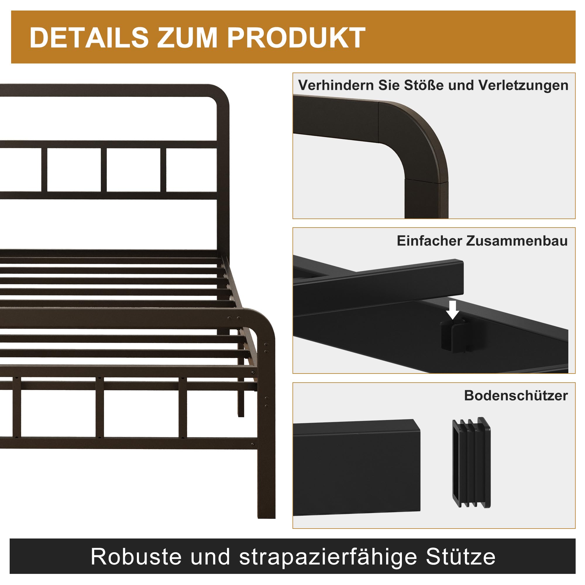 Yicensen Metallbett 140x200 cm mit Gebogenem Kopf und Fußteil, Bettgestell aus Metall für Doppelbett mit Schweren Metalllatten für Stabilen Halt, Geräuschlos, Einfach zu Montieren, 36cm Hoch, Schwarz