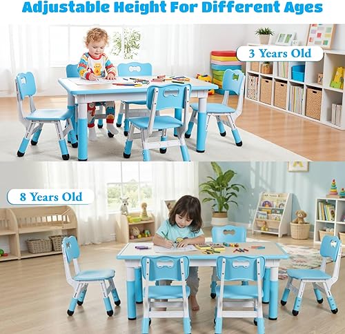 Miniatura 7 de Arlopu Juego de mesa y 6 sillas para niños, escritorio de graffiti ajustable en altura, mesa de manualidades para actividades preescolares, para