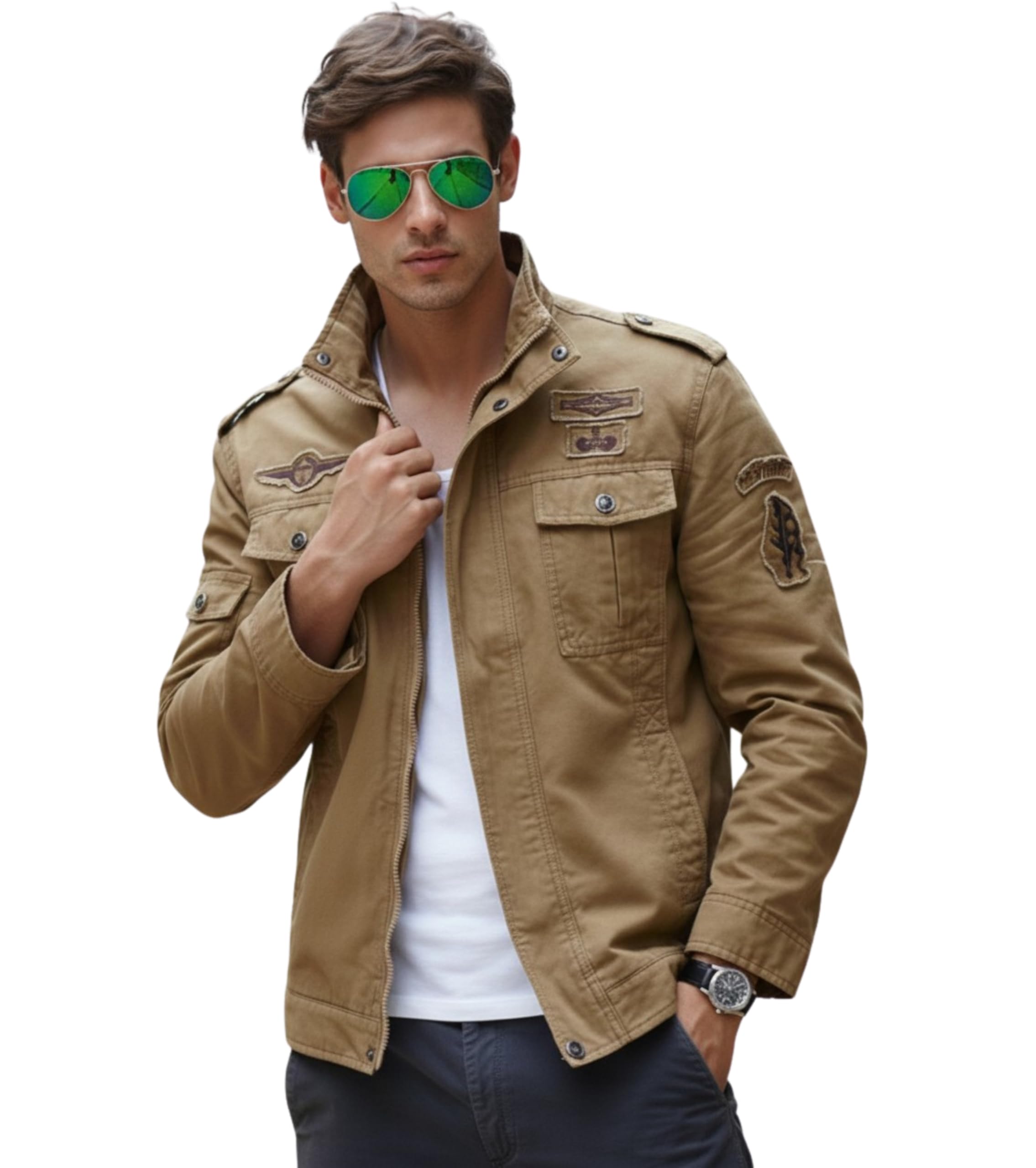 L'MONTE Imported Casual Cotton Military Stand Collar Bomber Fall Jacket for Men