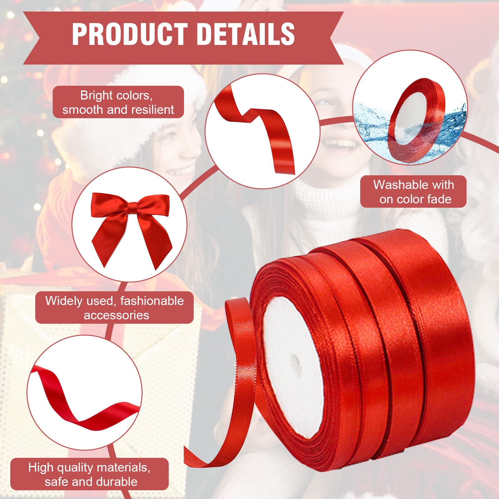 4 Rouleaux De Ruban Satin Rouge Noël - 22m X 2cm Pour Emballage Cadeaux Et Décoration Sapin, Couronne