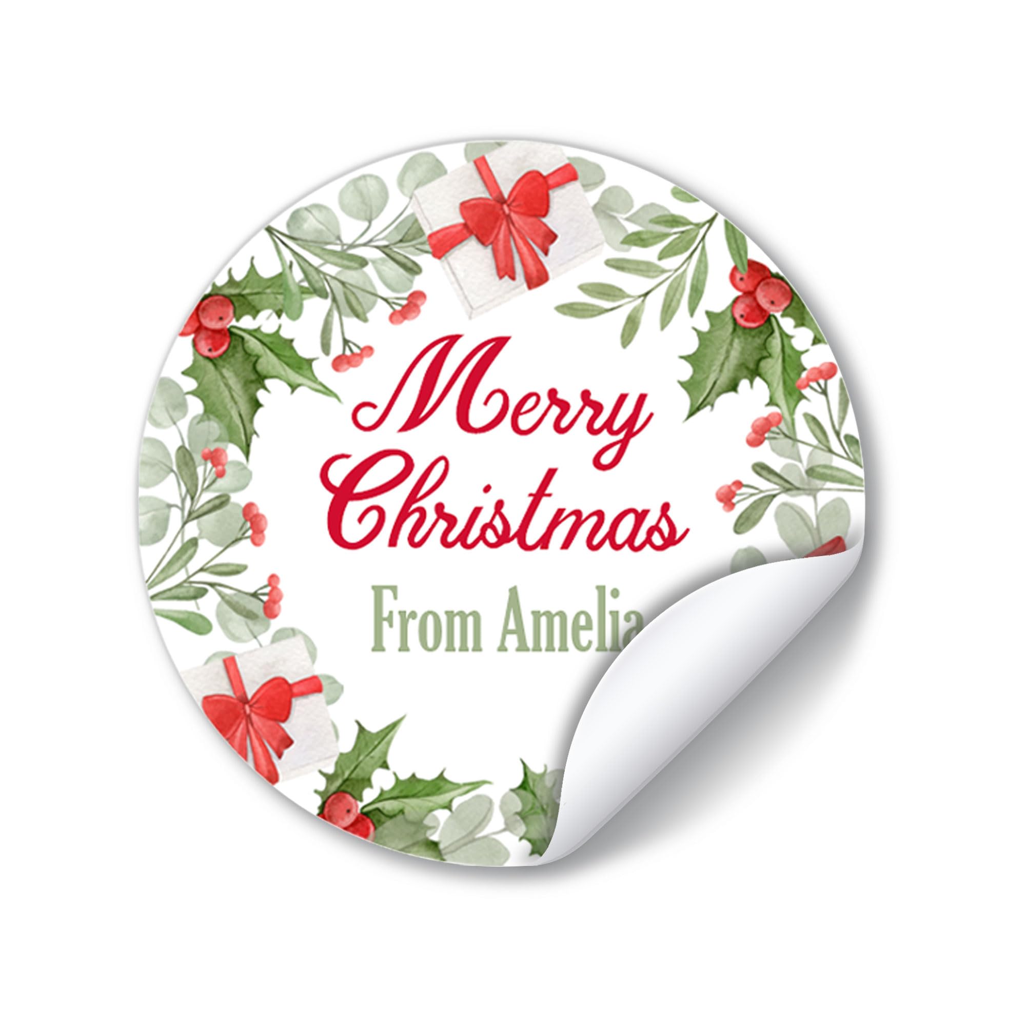 Treasured Forever 24 Personalised Festive Rectangle Christmas Stickers Gift Tag Labels Present Delivery (Festive 24 Round (45Mm))