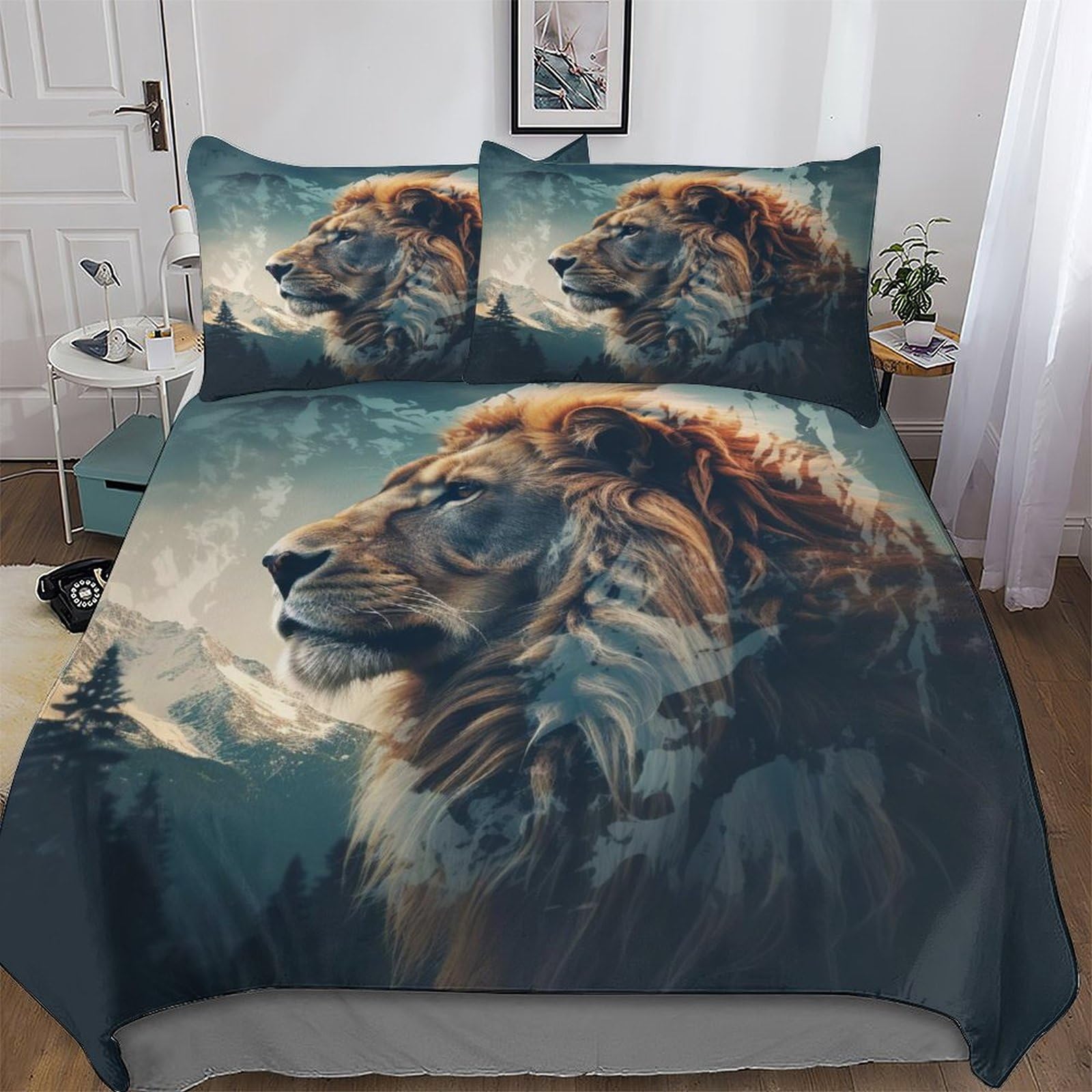 Housse de couette lion sauvage en microfibre premium douce pour lit double 200x200cm