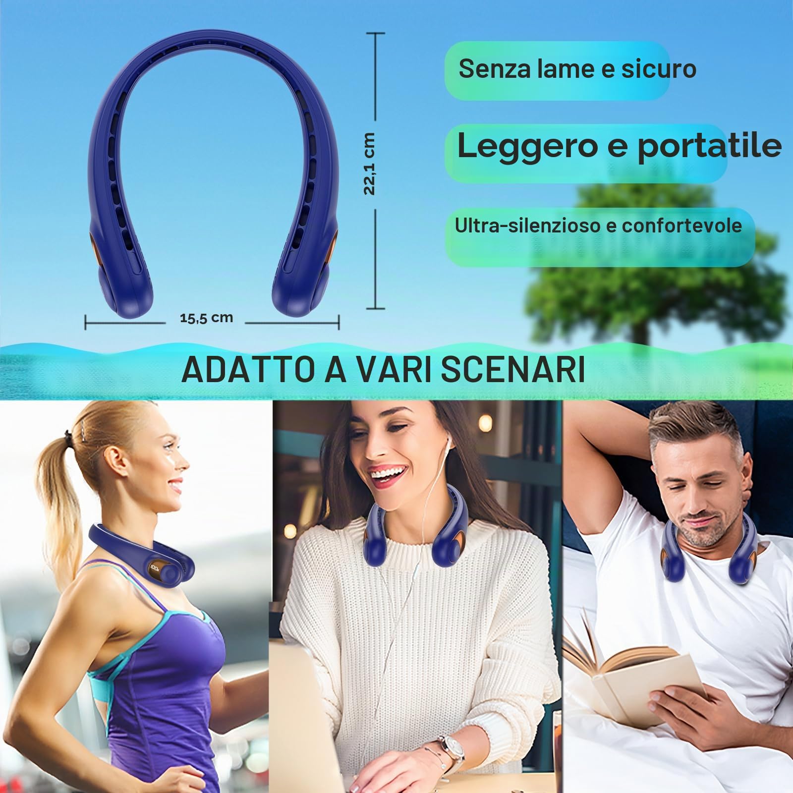 Ventilatore da collo, portatile, senza pale, con display a LED, flusso d'aria a 360°, batteria ricaricabile da 4000 mAh, super silenzioso, per interni ed esterni, blu reale