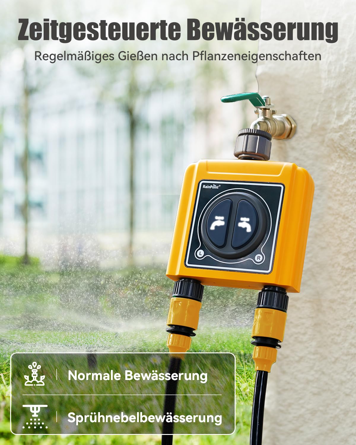 RAINPOINT Programador Riego WiFi 2 Salidas, Inteligente Temporizador Riego Automatico, App/Voz Control, Riego Basado en Clima/Humedad del Suelo, empotrar Caudalimetro Agua, para Césped Jardín