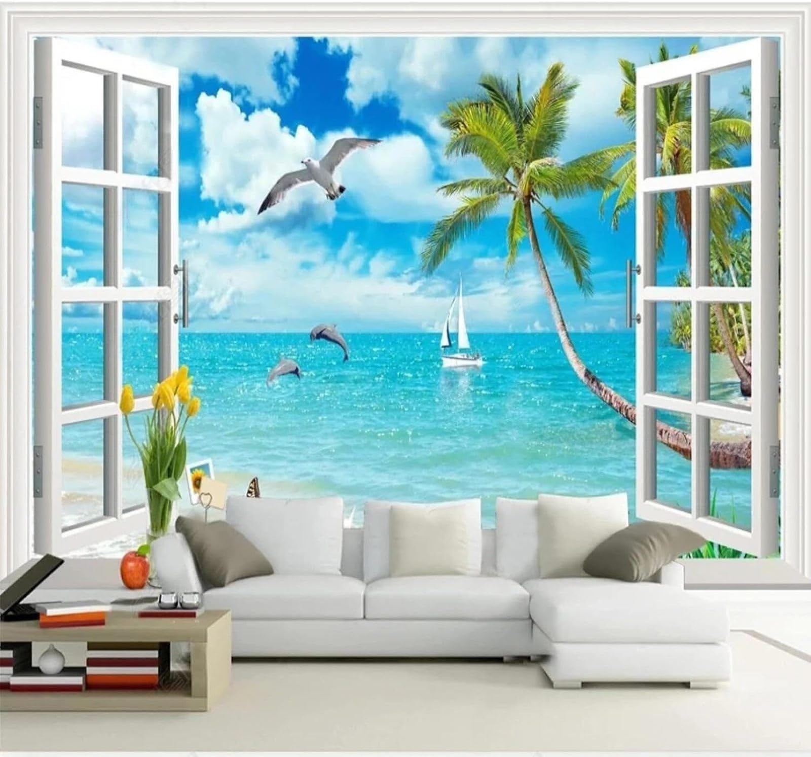 XLMING Window Coconut Trees The Sea Beautiful Seascape 3D Wallpaper Silky Texture Home Study Office Grey Dining Room Sofa Bedroom Living Room TV Backdrop-400cm×280cm