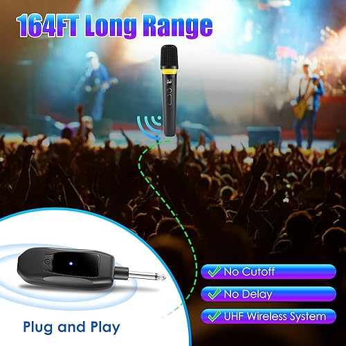 Miniatura 7 de UHF Wireless Microphones Metal Handheld Dynamic Mics with 164FT Range RGB Light Cardioid Dynamic Vocal Mic for Karaoke Party DJ Wedding Speech