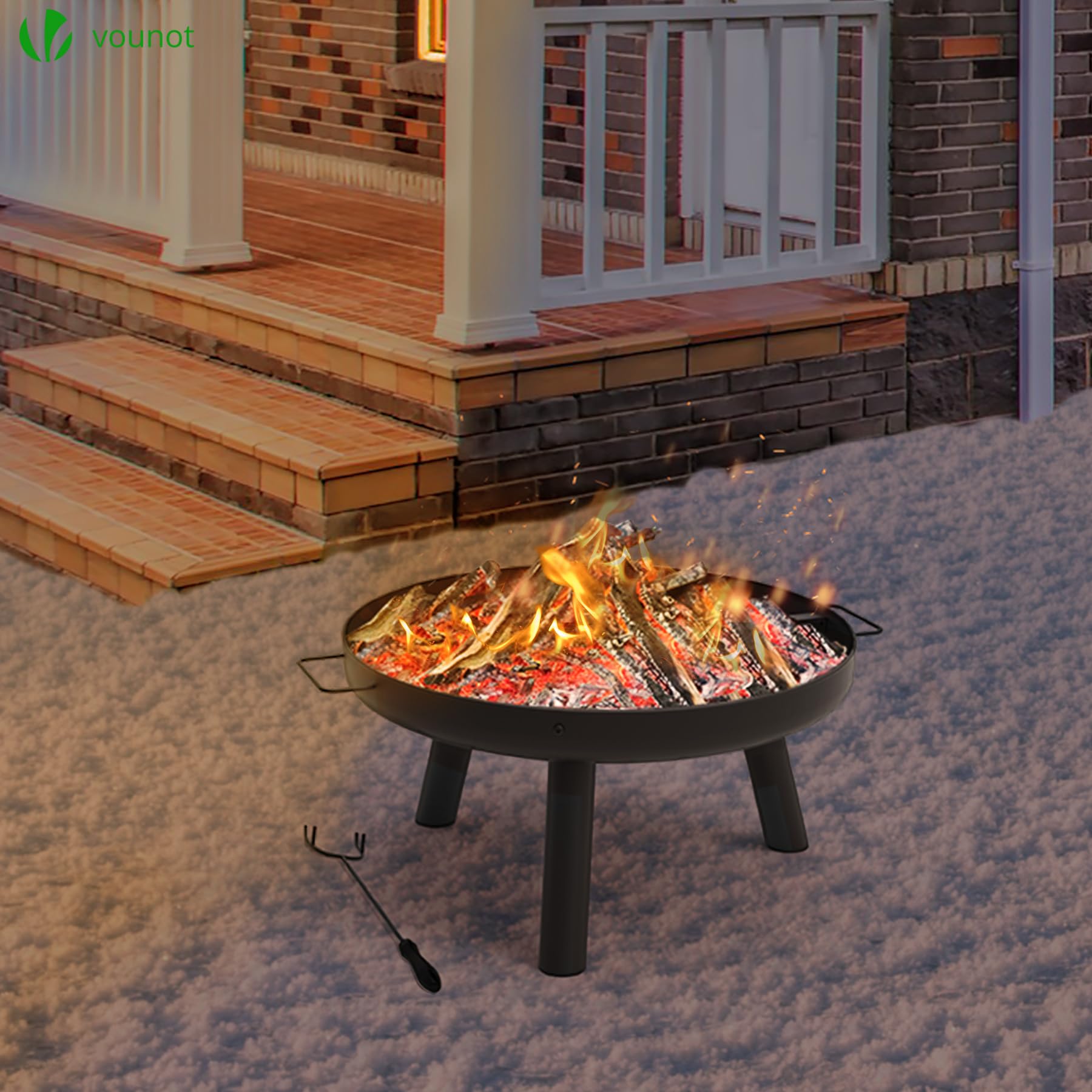VOUNOT Braciere da Giardino Ø60 cm Metallo con Griglia e Attizzatoio, Rotondo a Legna, Nero