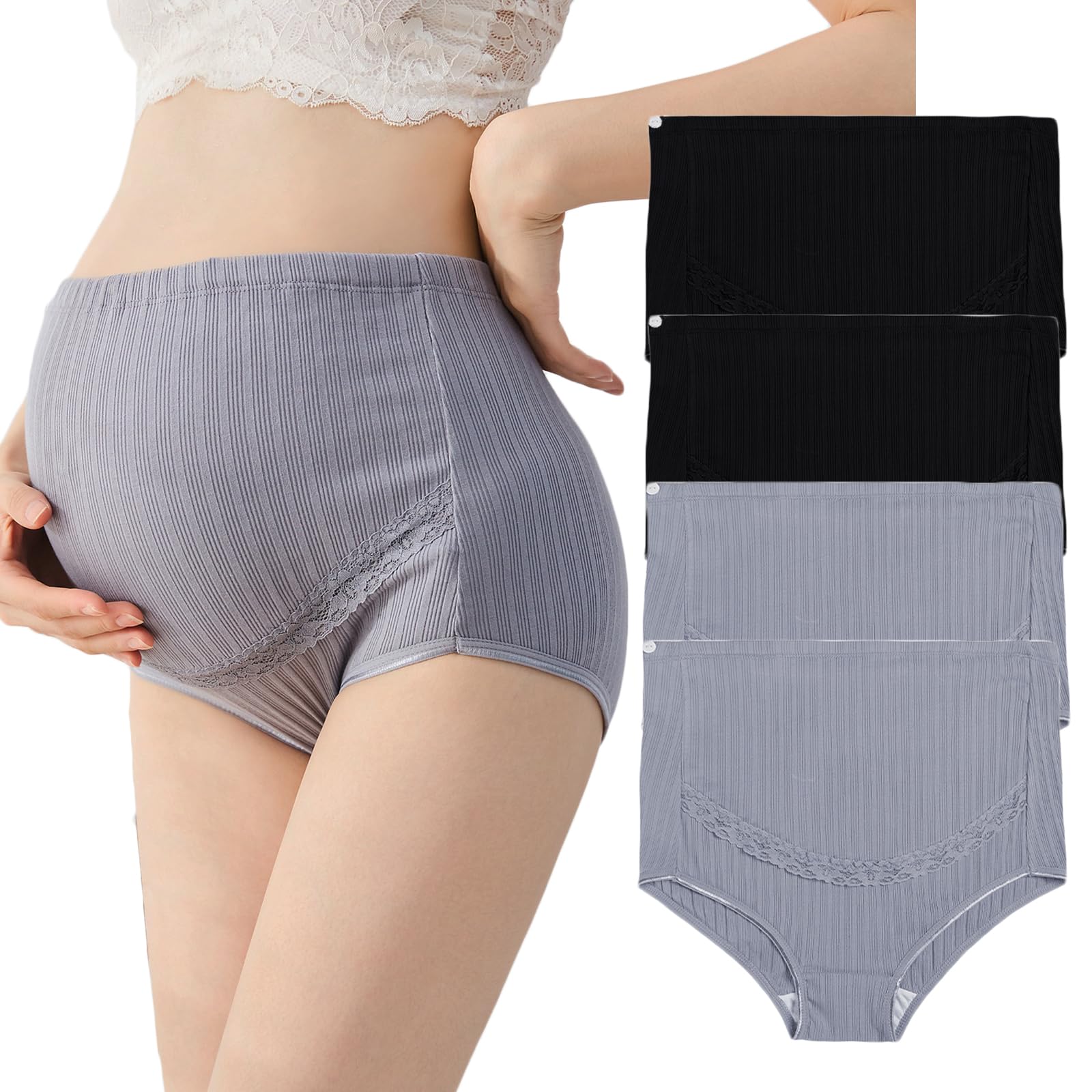 Autucau Women's 2Gray+2Black(4 Pack) Maternity Cotton Underwear High Waist Adjustable Pregnancy Seamless Soft Hipster Panties Over Bump 4-Pack