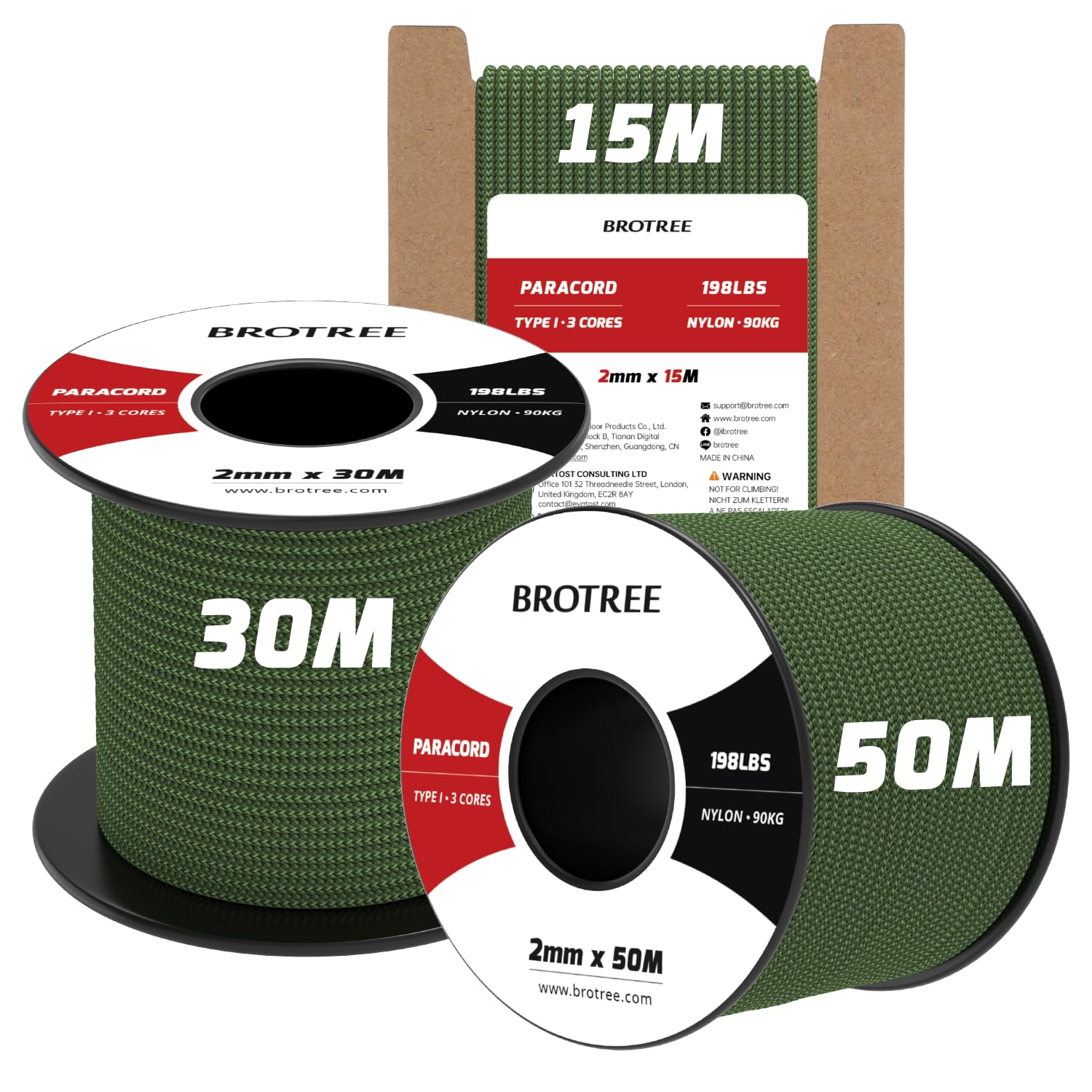 Brotree 2mm Paracord 3 Strands 15M 100% Nylon Rope Parachute Cord for Outdoor, Craft, DIY - 90kg Breaking Load (Forest Green)