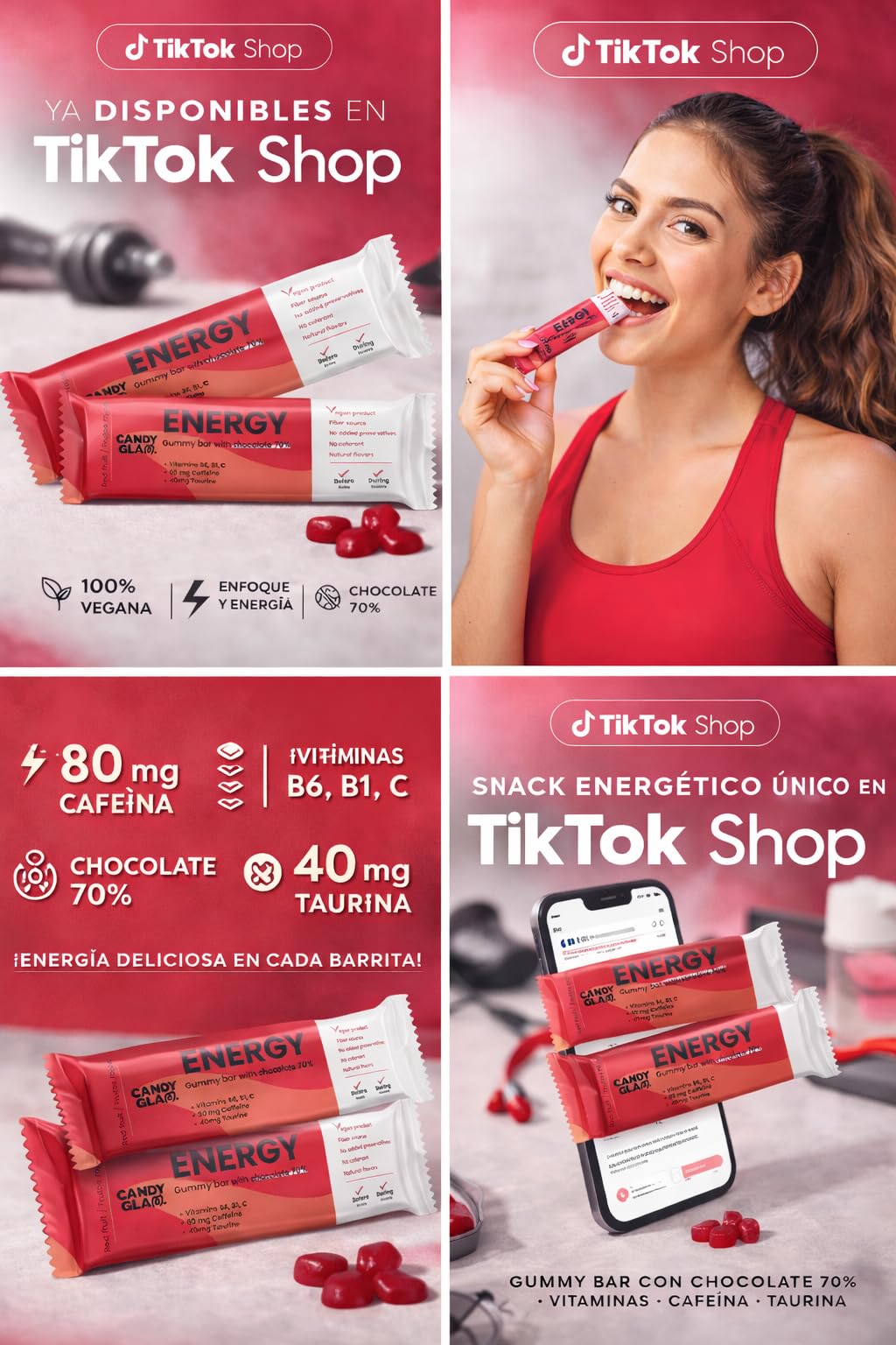 Candy Glam Pack 24 Barritas Gominola | 12 Frutos Rojos con Cafeína, Taurina y Vitaminas + 12 Creatina, Plátano y Chocolate 70% | Snack Deportivo para Energía y Entrenamiento