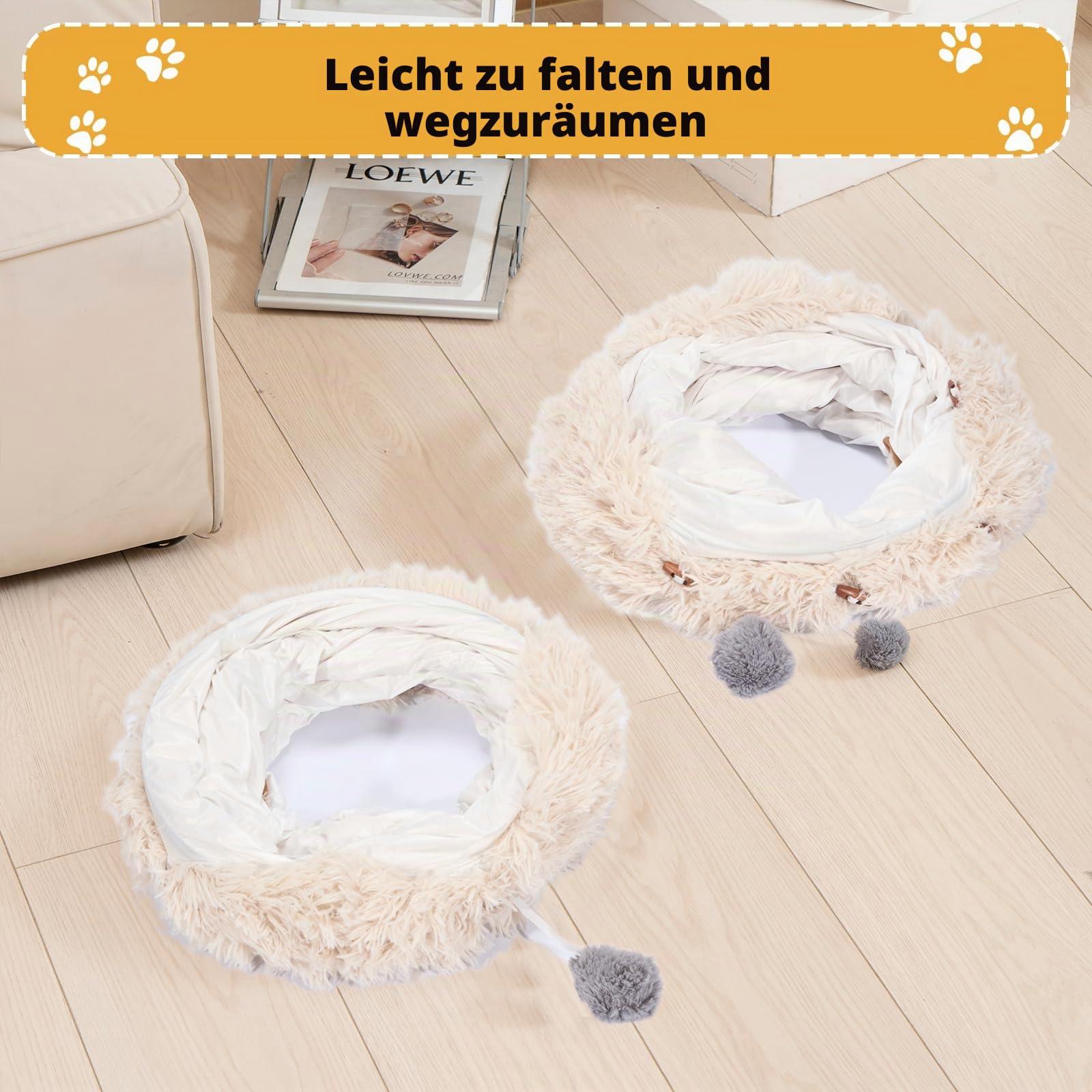 Avont Katzentunnel mit Zentralem Kissen, Weiche Katzenspielzeug Runde Multi-Function Versteck Katzenbett - Beige