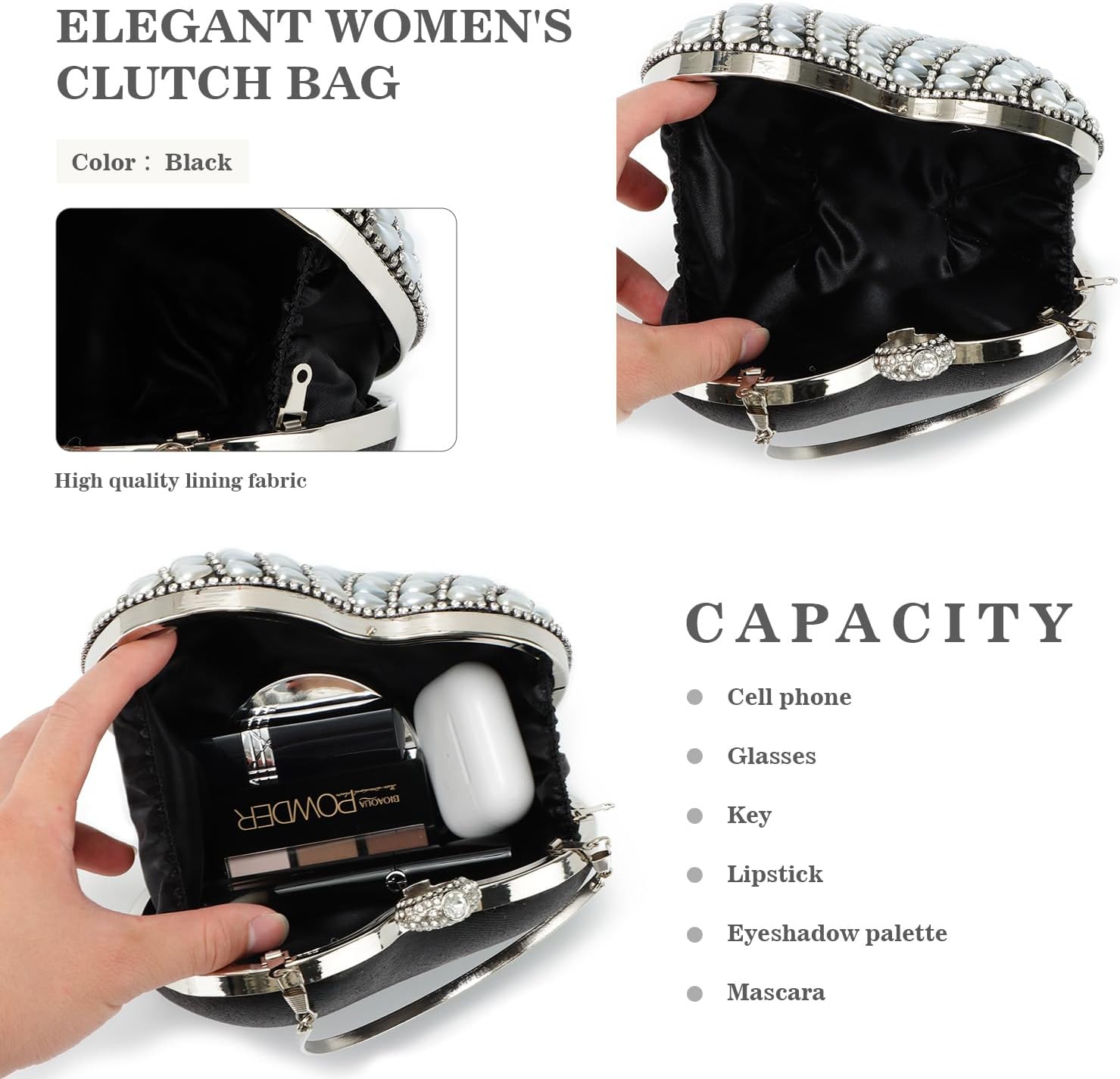 SUKUTU Cute Heart Shape Clutch Bag Women Elegant Pearl Rhinstone Evening Purse Wedding Party Bridal Prom Handbag - Image 2