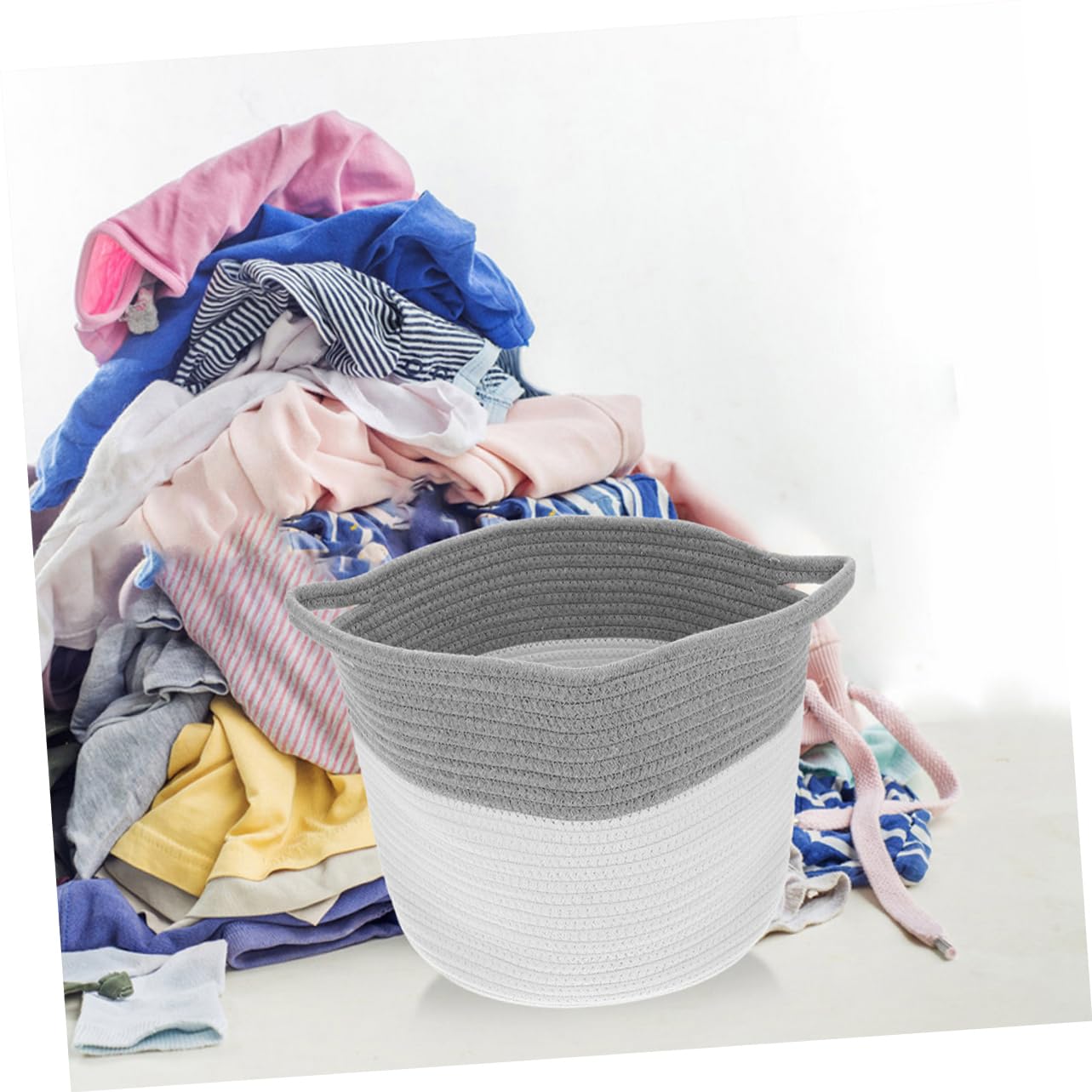 Cesta de Almacenamiento Tejida de Cuerda de Algodón, 2 Unidades | Redonda Asas, Color Beige, para Guardería y Escritorio, Diseño Suave y Versátil