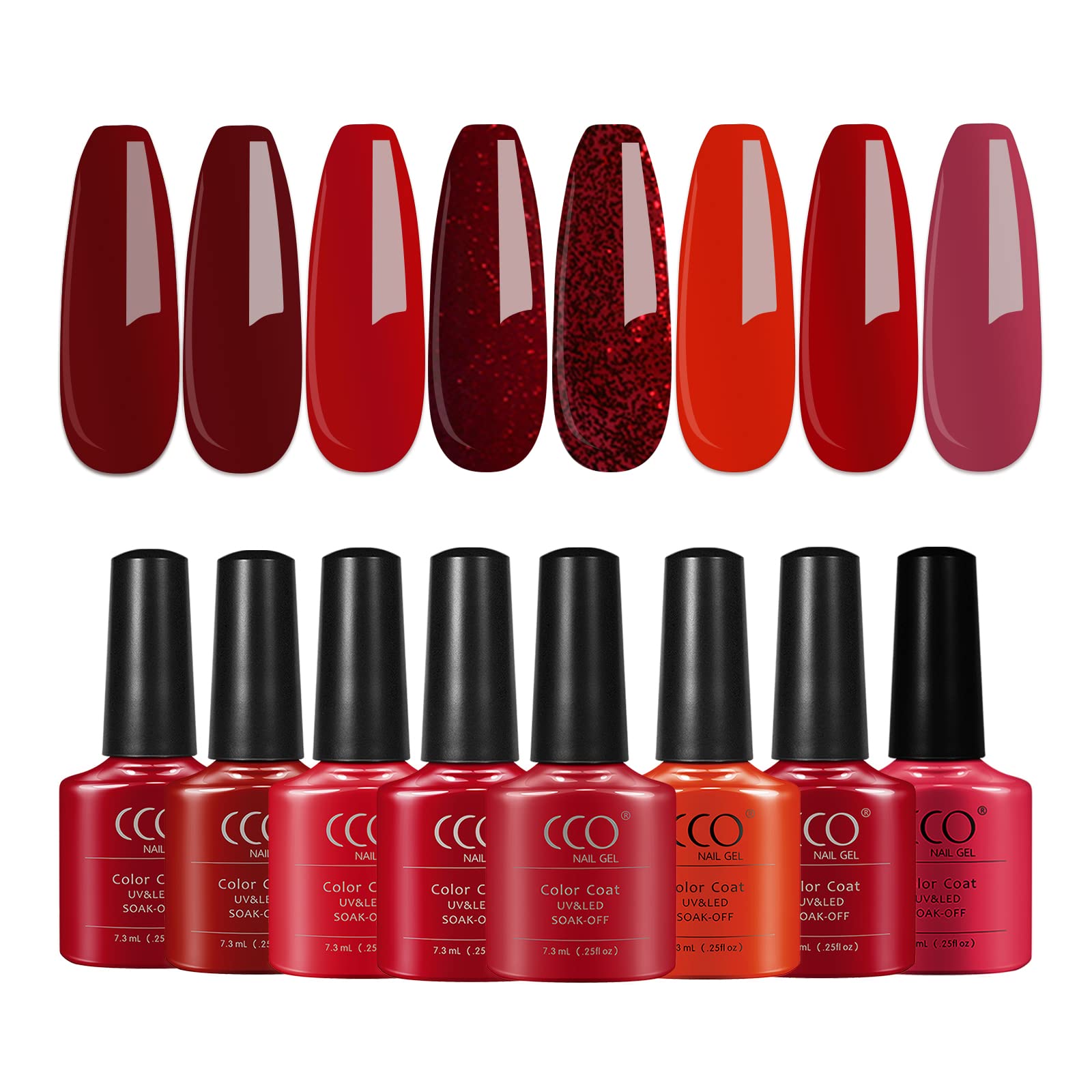 CCO Nail Gel Polish UV/LED Soak-Off Wedding Red Glitter Nail Varnish Art Manicure Pedicure for Professional, Salon & Home Use [Red Range] - Long Lasting & Easy to Apply, 8 Pcs