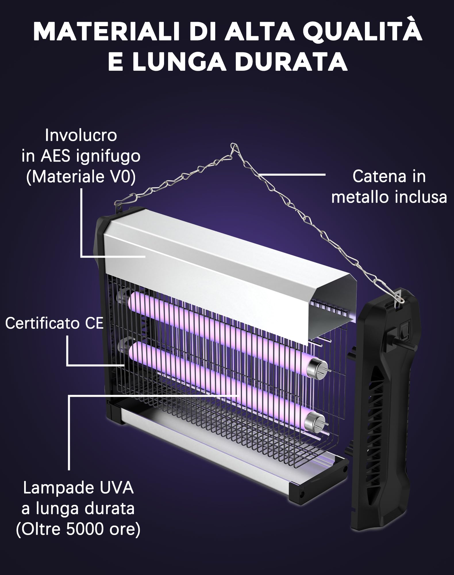 Zanzariera Elettrica 20W, Lampada Antizanzare con Griglia 2500V, Copertura 100㎡, Ammazza Insetti Professionale Silenzioso, Ignifugo V0, per Interni, Casa, Cucina, Ufficio e Camera da Letto
