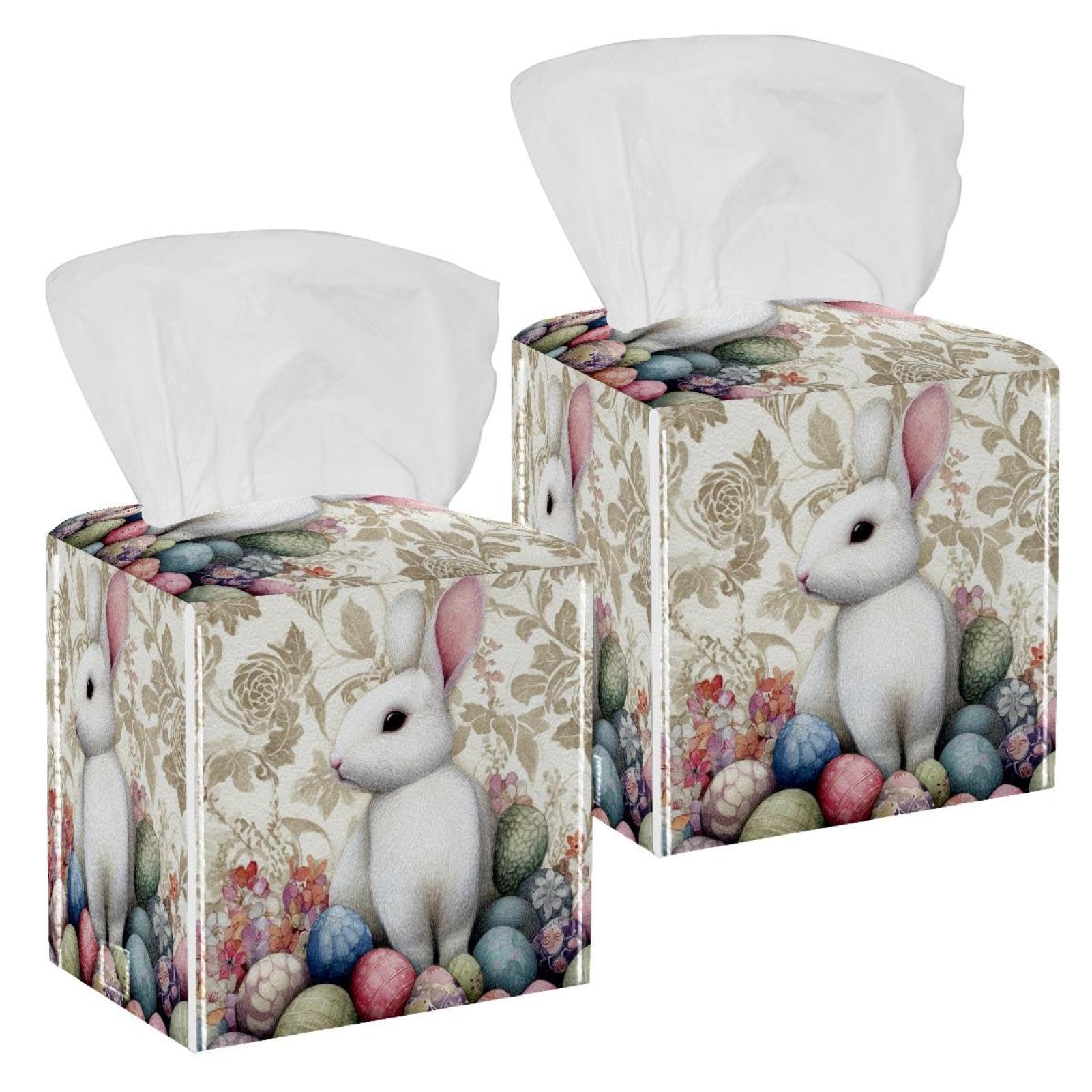 Easter Eggs Tissue Box Cover, 2 Pack PU Leather Square Facial Tissue Dispenser Box holder for Home Office Car