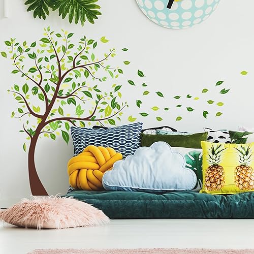 Calcomanías de pared de árbol verde, hojas voladoras, hojas verdes, decoración de pared para dormitorio, guardería, sala de estar, decoración de