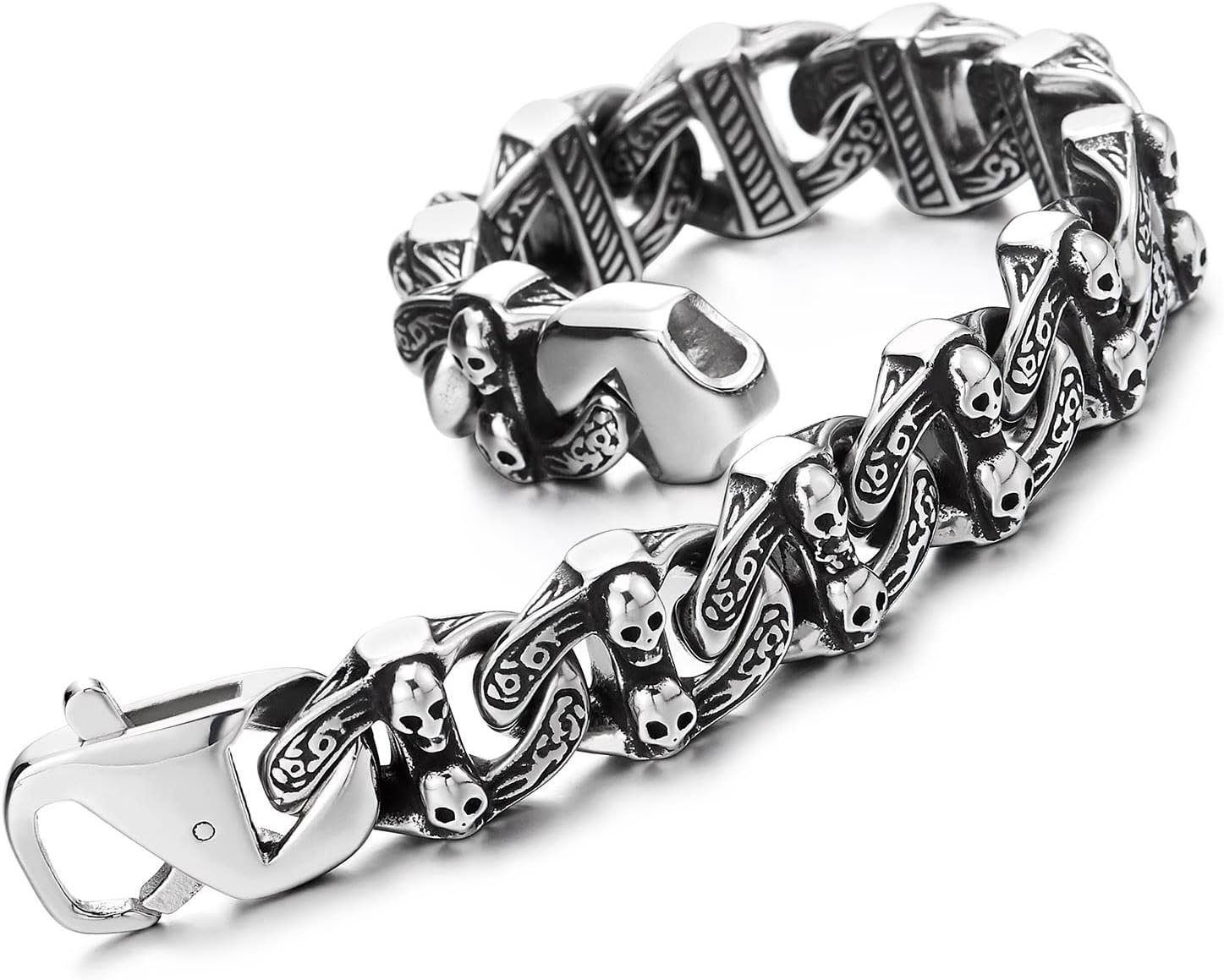 COOLSTEELANDBEYOND Men Stainless Steel Anchor Marine Chain Bracelet with Skulls, Gothic Vintage, Old Metal Finishing
