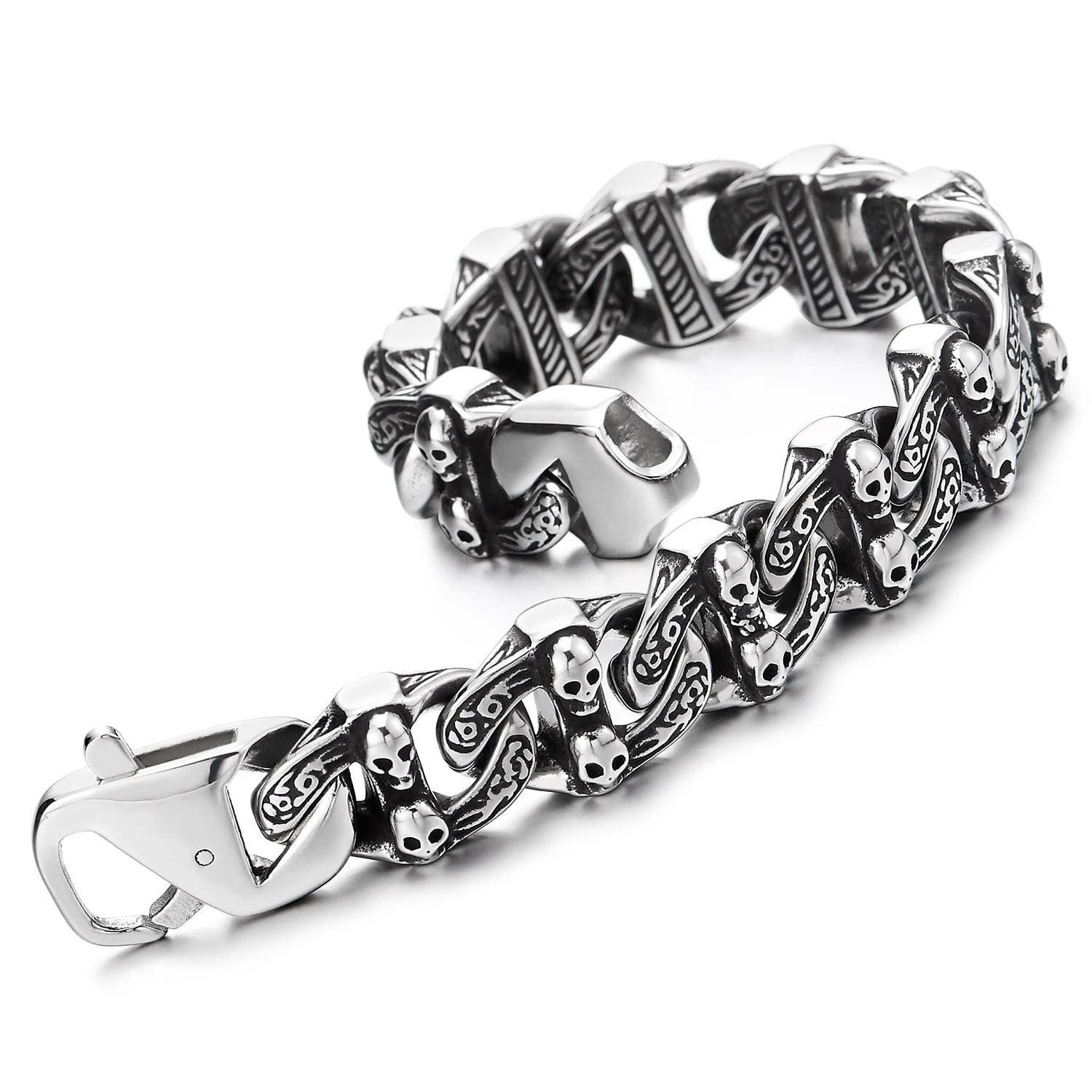 COOLSTEELANDBEYOND Bracciale Gotico Vintage Catena Marina Anchor con Cranio in Acciaio Inossidabile per Uomo, Finitura Vecchio Metallo