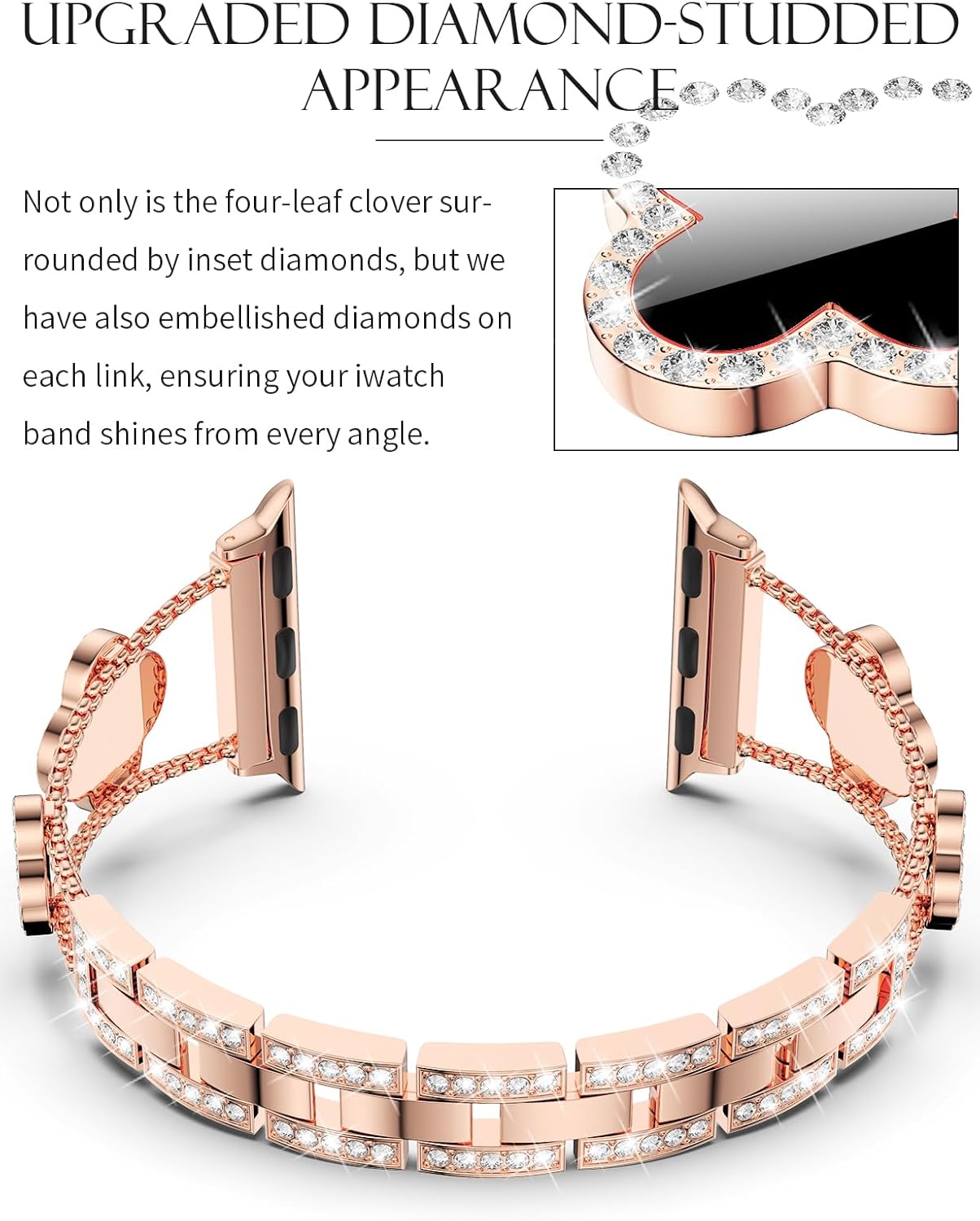 CTYBB Bling Diamond Band Compatible with Apple Watch Bands for Women 40mm 41mm 38mm 42mm Series 11 10 9 8 7 6 5 4 SE 3 2 1, Sparkle Metal Bracelet Wristband, Cute Lucky Clover Dressy iWatch Band,Rose Gold/Black - Image 4