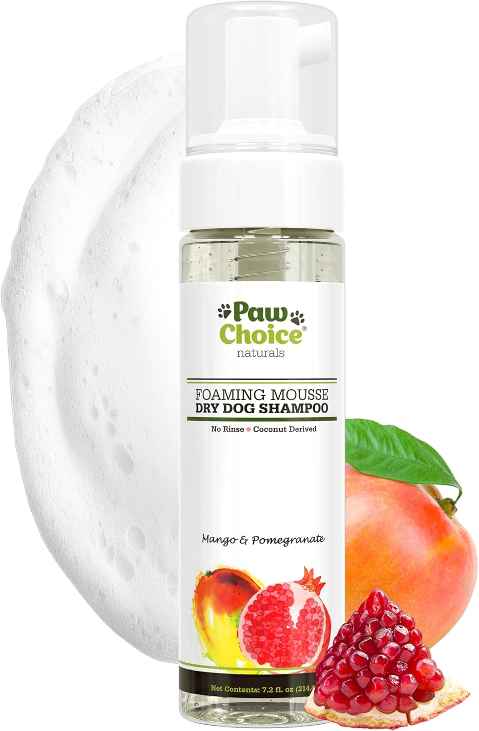 Paw Choice Dry Shampoo for Dogs – Waterless No-Rinse Foam for Odor Removal, Cleaning, Conditioning – Hypoallergenic, Natural – Safe for Sensitive Skin – Made in USA – Mango Pomegranate Scent
