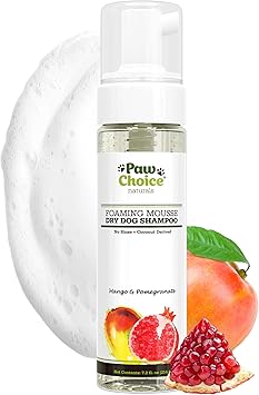 Paw Choice Dog Dry Shampoo - Hypoallergenic Waterless No Rinse Foam - Natural Coconut-Derived Cleanser - Quickly Deodorizes, Cleans & Conditions Between Baths - Made in USA - Mango Pomegranate
