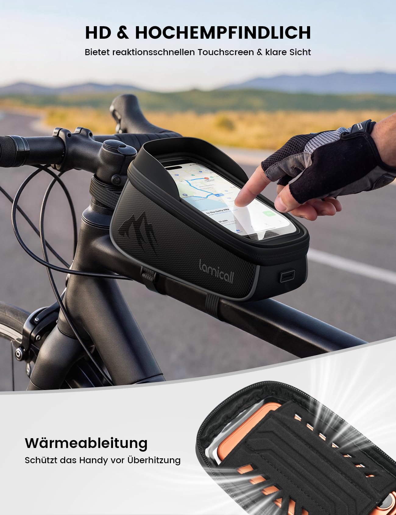 Lamicall Fahrradtasche Rahmen, Rahmentasche Fahrrad - [1,6L Großes Fassungsvermögen] wasserdichte Oberrohrtasche Fahrrad Handytasche mit HD TPU-Folie, Handy Fahrradrahmen Tasche für 4,7-7" Smartphone