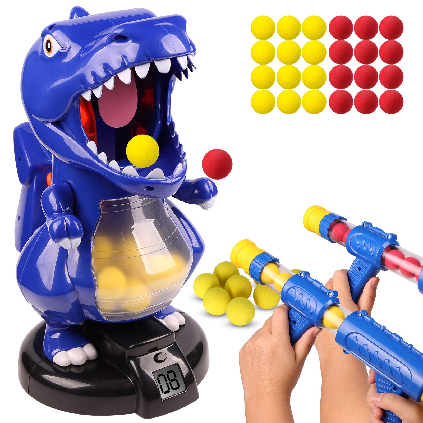 Dinosaur Shooting Toys for Kids Target Shooting Games with Air Pump Gun, Electronic Scoring Target Practice Toys with 2Pcs Air Pump Gun, 24 Soft Foam Balls, Dinosaur toys for boys and Girls