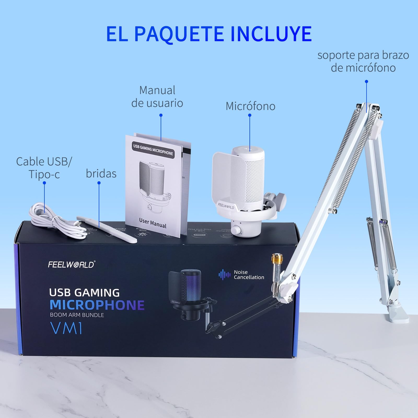 Feelworld VM1 Blanco Gaming PC USB Micrófono Condensador con Cancelación de Ruido Mute Luz RGB, Accesorios de Ordenador para Gamer Youtube Twitch Podcast Streaming Grabación Online Chat PS4 PS5