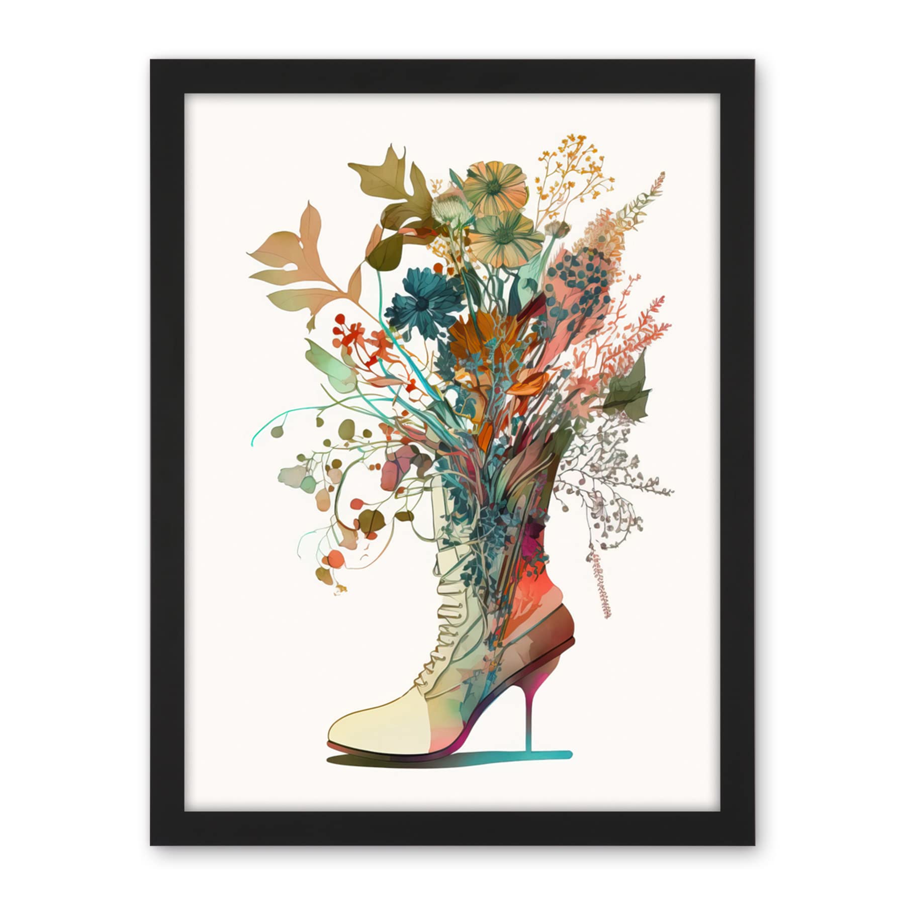 Artery8 Wildflower Bouquet in a Stiletto Heel Combat Boot Artwork Framed Wall Art Print 18X24 Inch