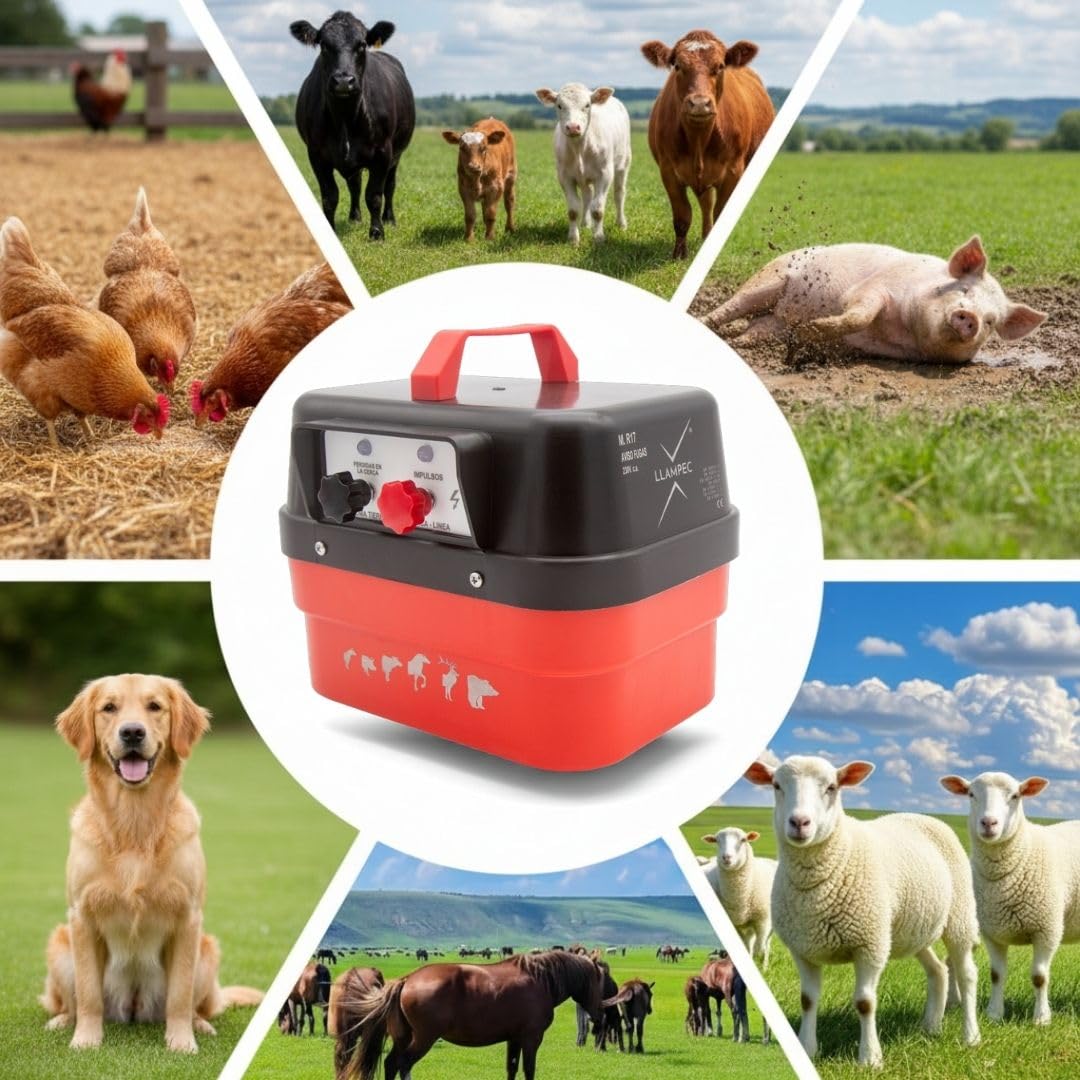 Pastor eléctrico Llampec Mod.R17 con conexión a red 230V – 7 J, 10.000 V y 115 km de alcance – Ideal para ganado equino, vacuno, porcino, ovino y animales salvajes – Fabricado en España