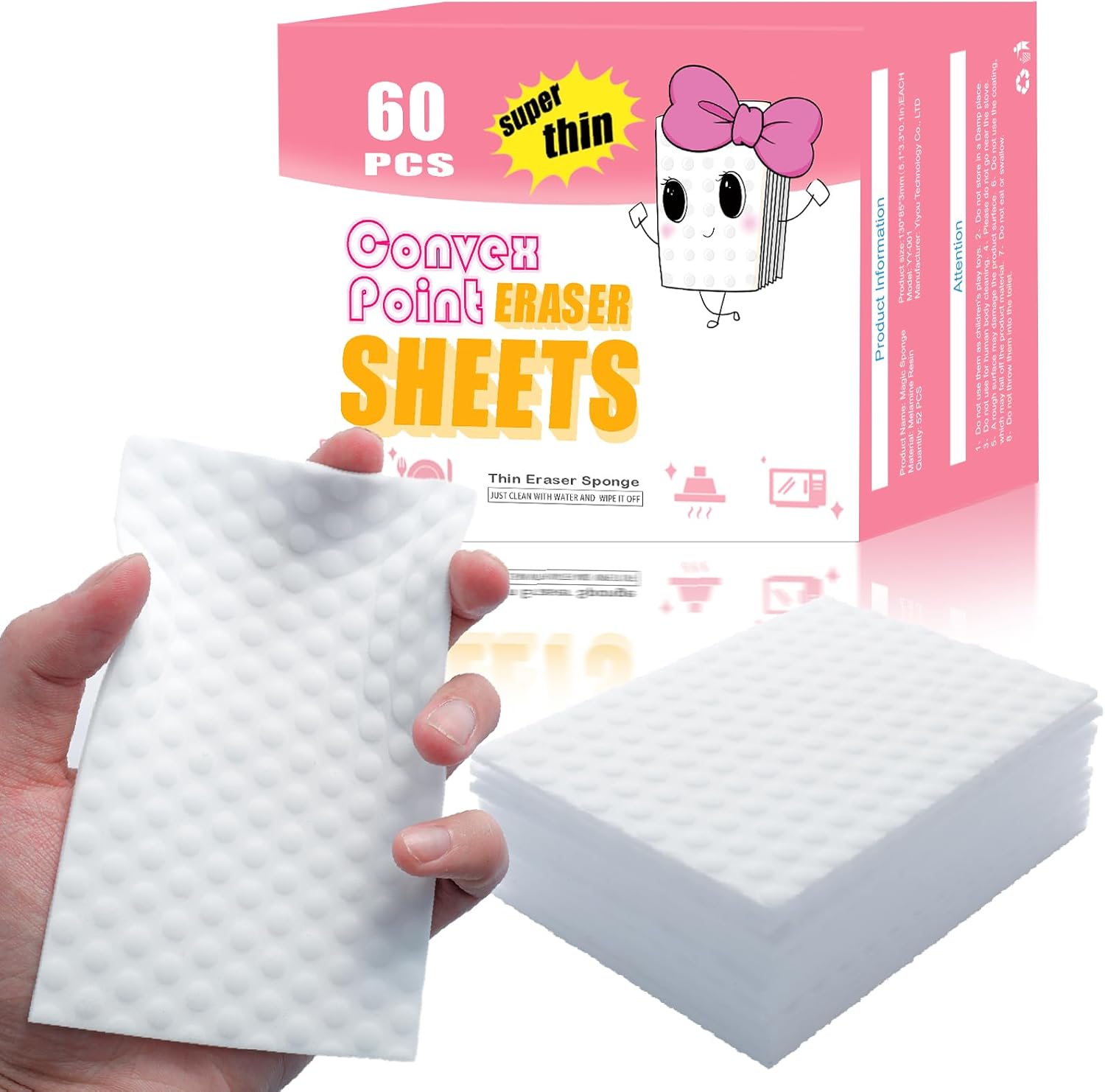 60 PCS Magic Cleaning Sponge Eraser Sheets, Reusable Upgrade Convex Point Scrub Pad Singles Eraser Cleaning Sponge Portable Thin Nano Wipes for Kitchenware Furniture Faucets Hard-to-Reach Places