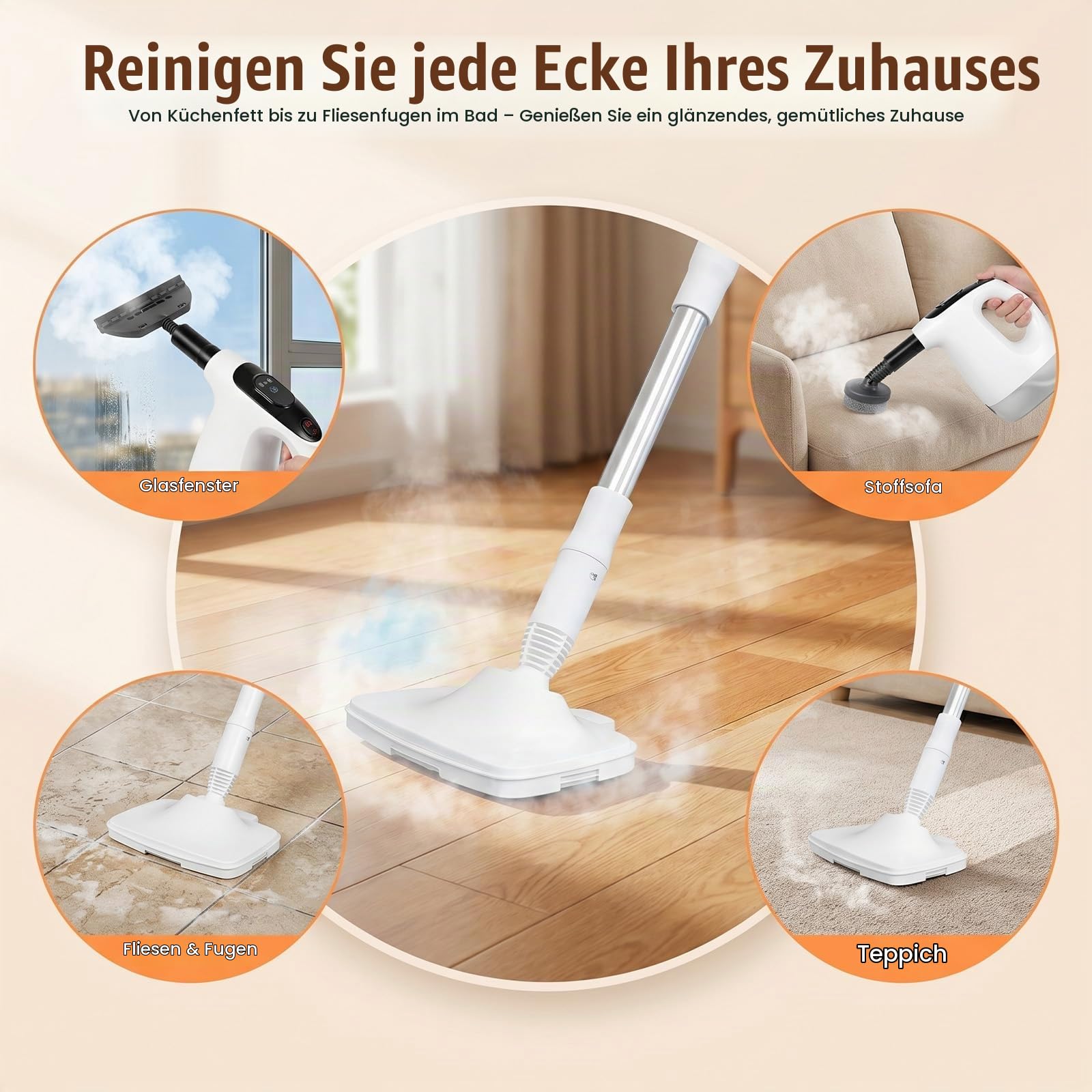 Dampfreiniger multifunktional, mit abnehmbarem Handdampfreiniger, 15S Schnelle Aufheizung Dampfwischer, 3 Dampfstufen, 11 Zubehörteile, 500ML Tank, für Böden, Fliesen, Teppiche, Küche und Fenster