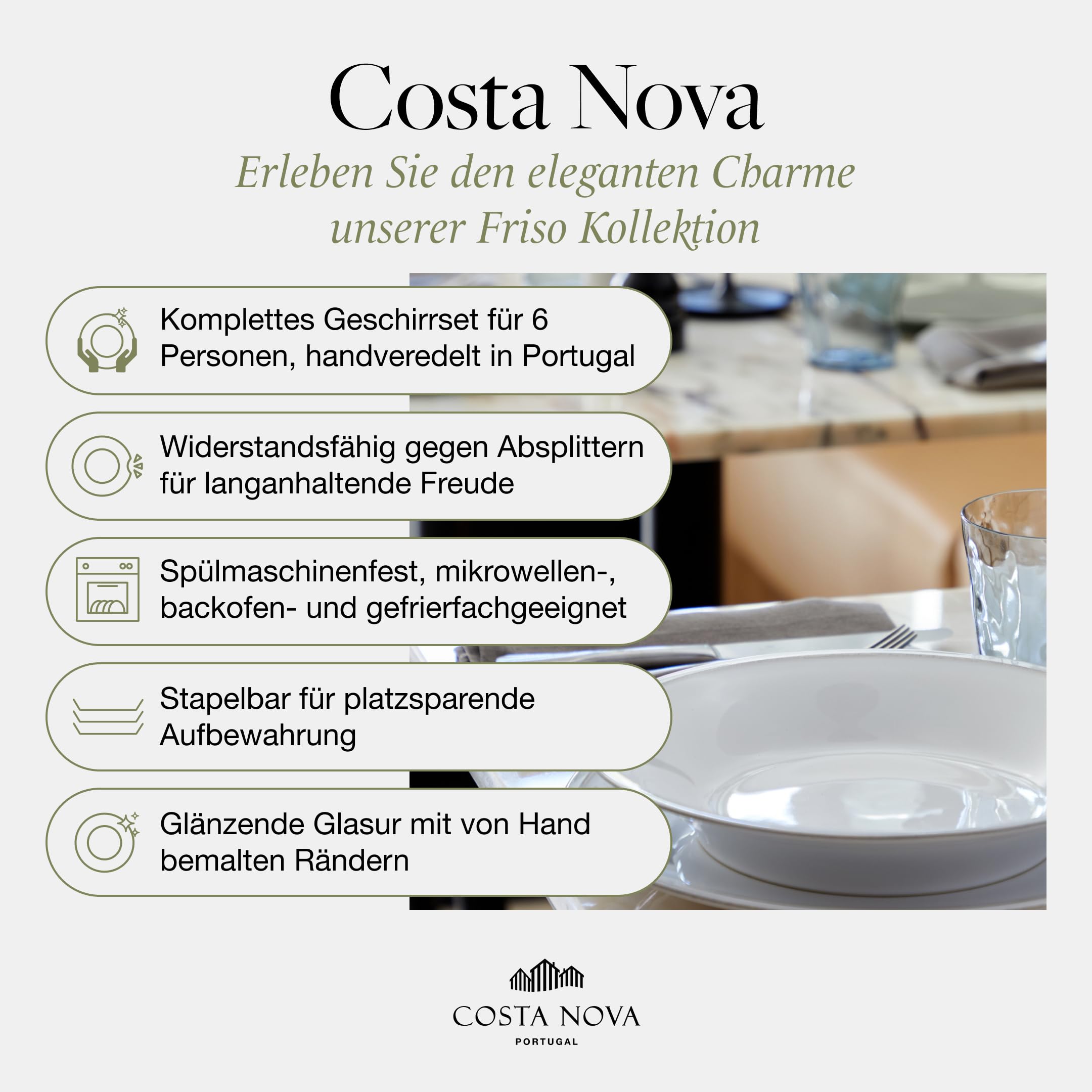 Costa Nova Geschirrset Friso: 30-teiliges Steinzeug-Set, Spülmaschinen-, Mikrowellen-, Ofen- & Gefrierfest, Komplettes Tafelservice für 6 Personen mit flachen & tiefen Tellern, Schalen & Tassen, Weiß